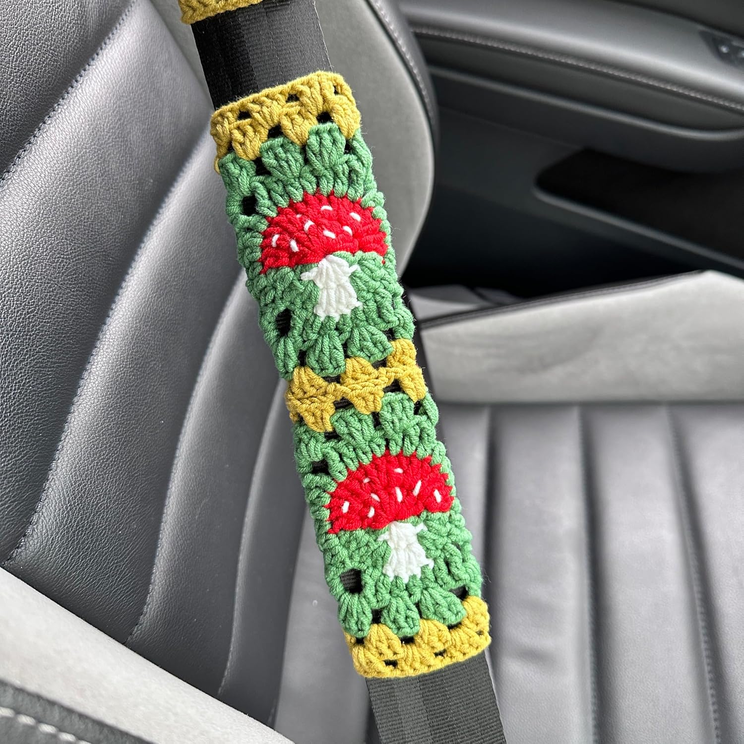 Handmade Crochet Mushroom Granny Square Car Steering Wheel Covers Universal 14-15 inch for Women and Men (Steer Wheel Cover+ 2 Belt Cover+2 Coaster)