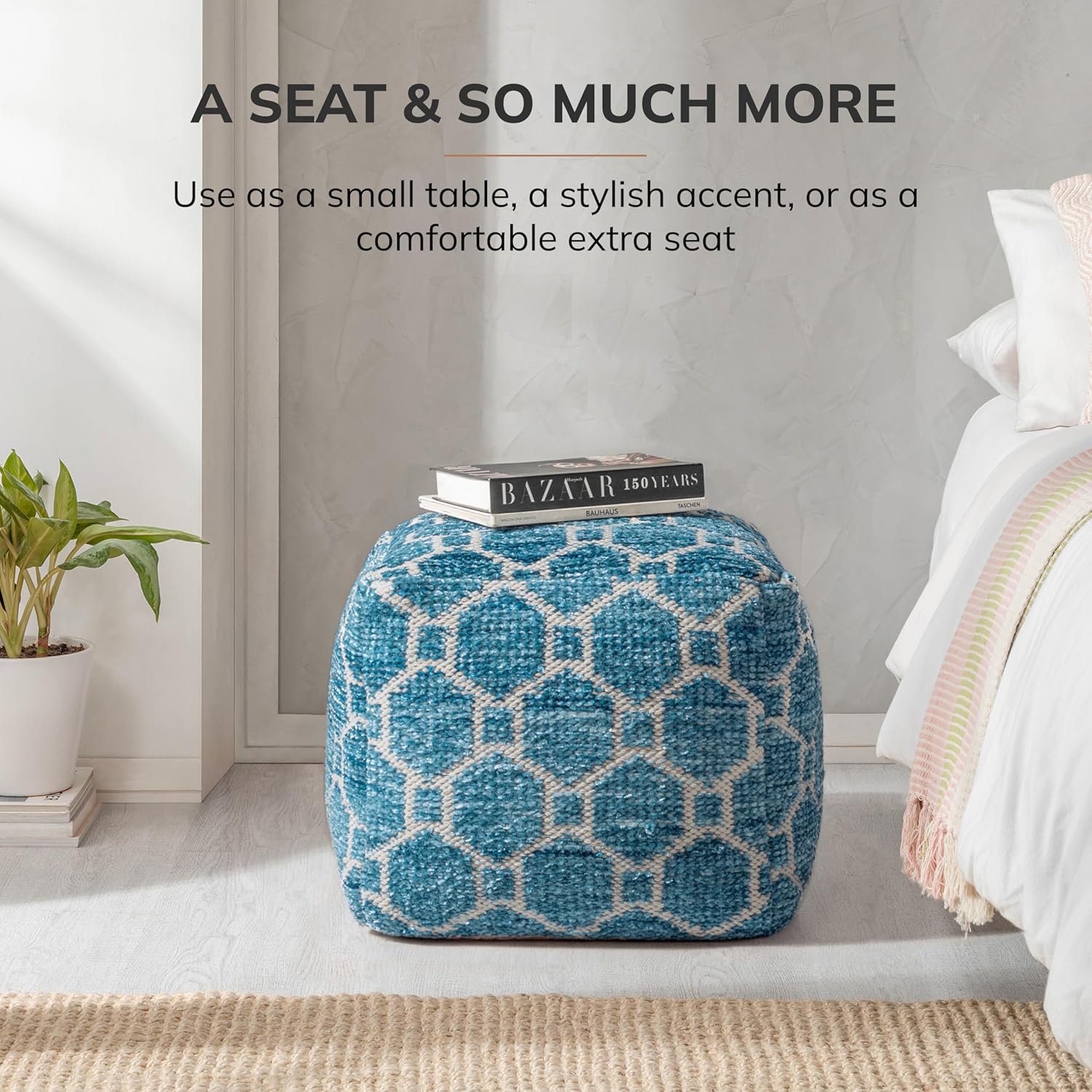 Anji Mountain Pouf Ottoman Foot Rest, Handmade Ottoman Pouf, Comfortable Foot Stool, Decorative Floor Seating for Living Room Decor, Bedroom & Home Décor Accent - Blue