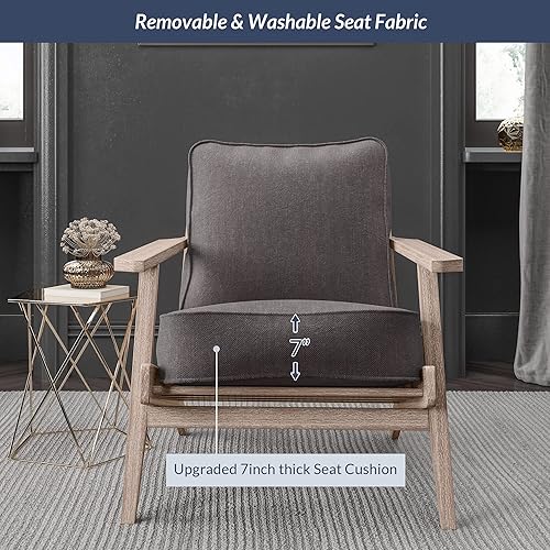 Miniatura 3 de BELLEZE Silla moderna de mediados de siglo con marco de madera resistente, sillón tapizado de lino, fácil montaje, cómoda silla decorativa para sala