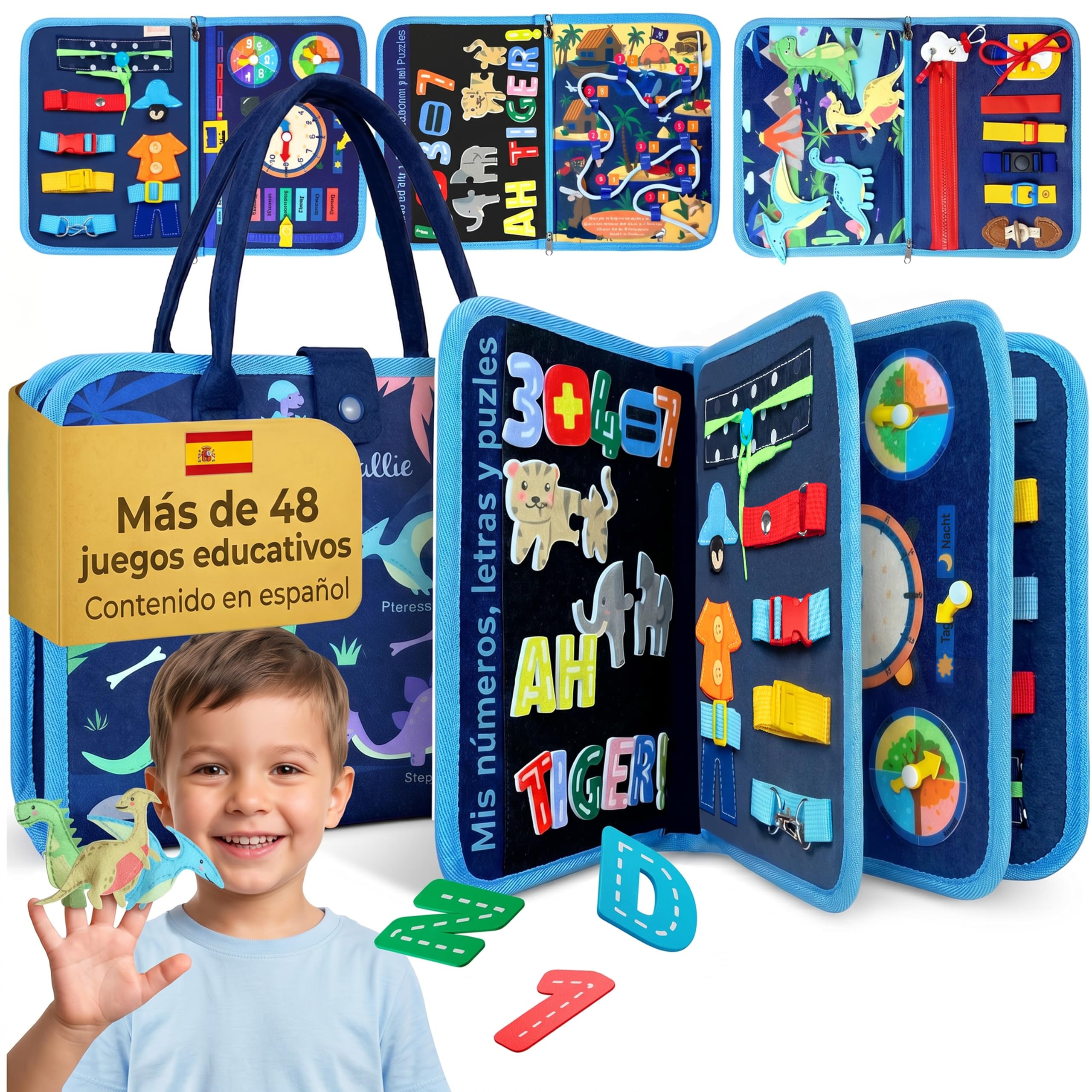 Mallie® Montessori Busy Board en Español para 1 2 3 años con Juego de rol y Marionetas – Busy Board, Libro Montessori 1 Año, Busy Book, Libro Sensorial Bebe 1 Año, Libro Montessori 2 Años