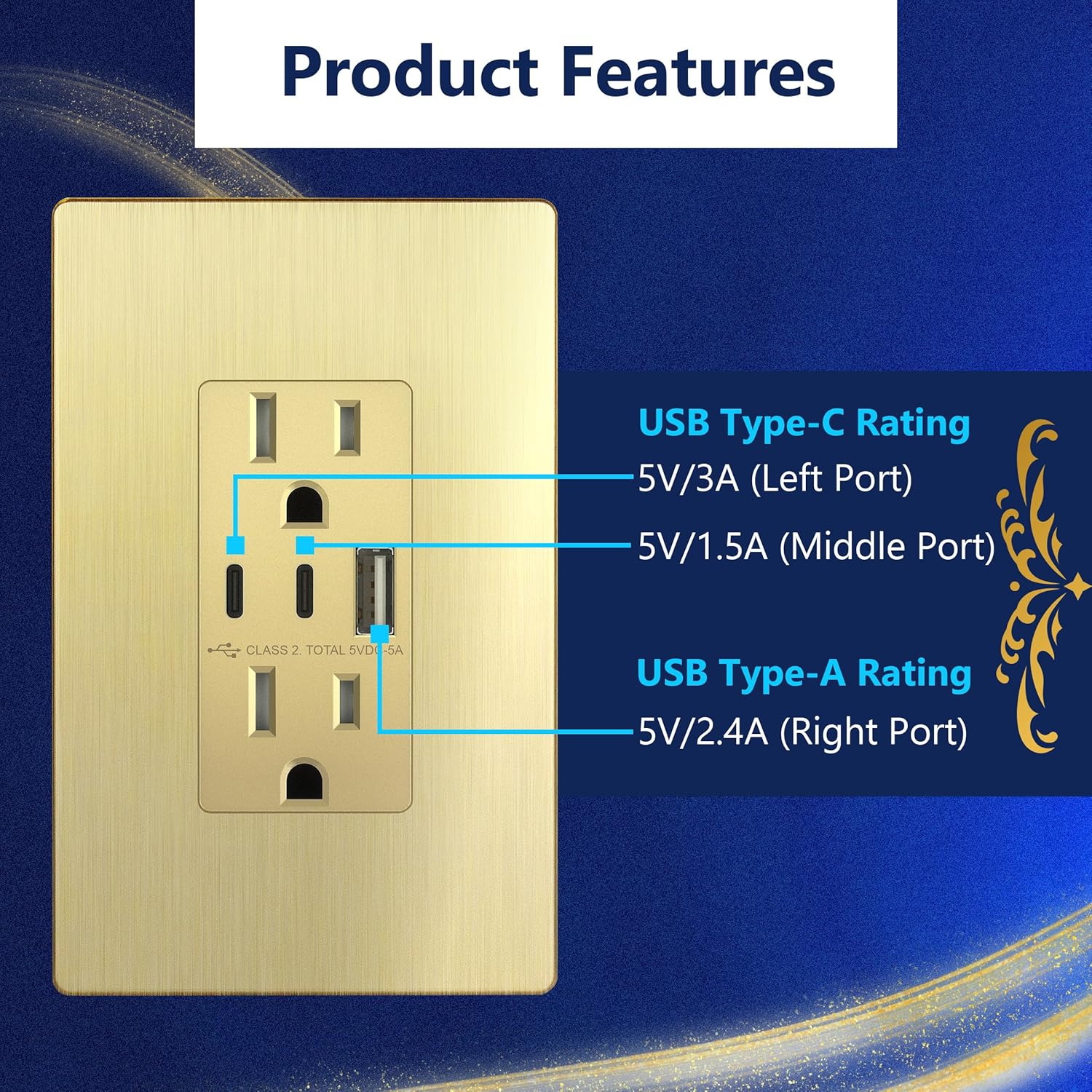LIDER 5.0A 25W USB Wall Outlet, Duplex Tamper-Resistant Receptacle, USB Type-A, 2 USB Type-C Charging Ports, Interchangeable Face Cover, UL Listed, Screwless Wall Plate Included, Brushed Gold