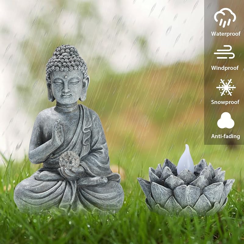 TERESA'S COLLECTIONS Napelemes Buddha szobor Lótusz dekorációval kültéri kerti díszítés