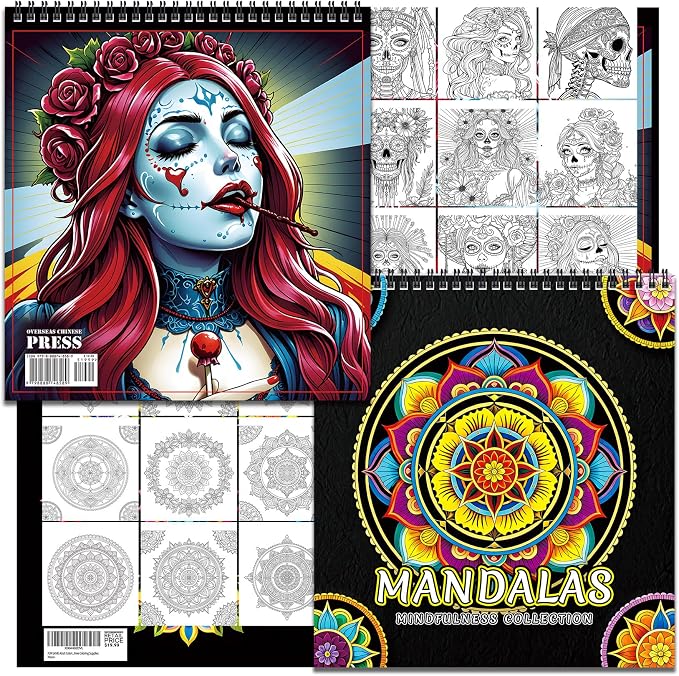 Fun LAVIE Adult Coloring Book Bundle: 32 Sugar Skulls & 32 Mandala Patterns for Adult and Teens Relaxation, Stress Relief & Mindfulness, Spiral Bound