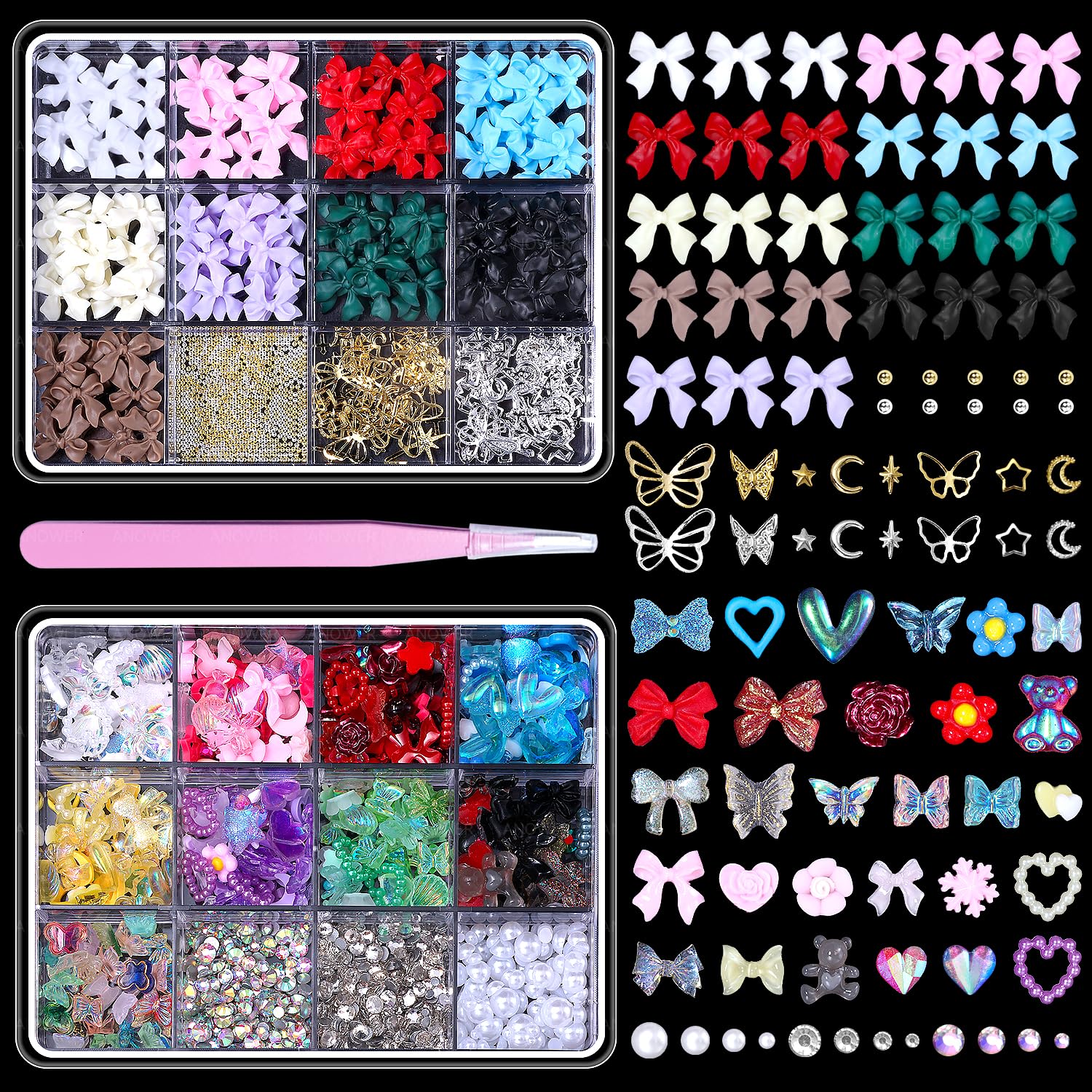 2 Boxes 3D Bow Nail Art, Carviar Beads for Nail Art, Assorted Flower Heart Butterfly Acrylic Bows Nails Charms with Pearls Gems Bead for Nail Design DIY Y2K Supplies Set-1