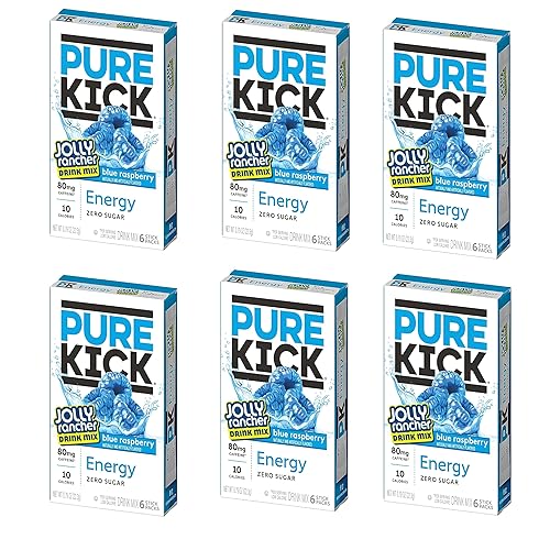 Pure Kick Singles To Go, Jolly Rancher Blue Raspberry, mezcla de bebida energética, 6 barras por caja, 6 cajas (36 porciones individuales)