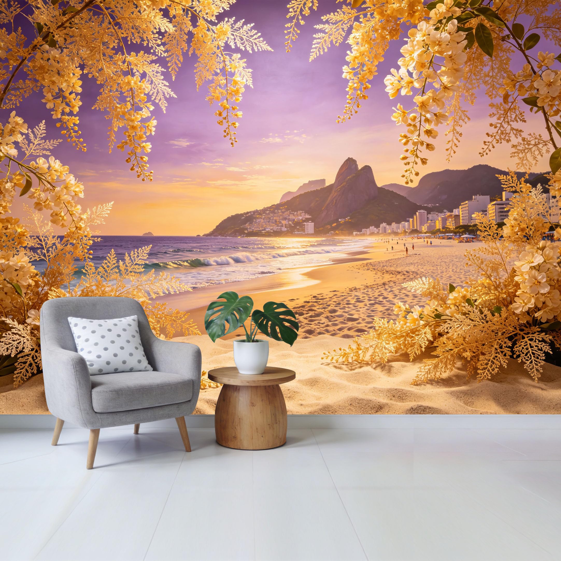 Qzlithotic Yq2605250723 Custom Size Wall Mural Golden Floral Botanical Tropical Beach Sunset Coastal Landscape Selfadhesive Wall Fabric Removable Wallpaper For Home Office Decor