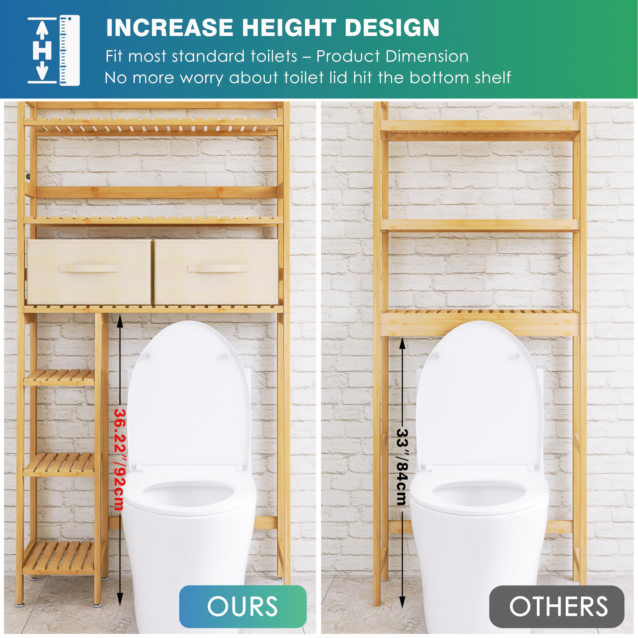 SMIBUY Over The Toilet Storage, 6-stöckiges Badezimmerregal aus Bambus mit Schubladen, freistehend über dem WC-Organizer-Rack, Massenlagerung, Platzsparer für kleine Räume (natürlich)