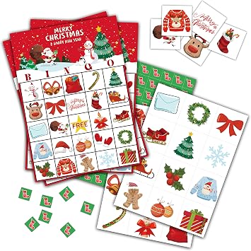 Christmas Bingo Game, Merry Christmas Themed Party Games with 24 Players, Winter Holiday Supplies Activities, Xmas Party Favors for Adults Family