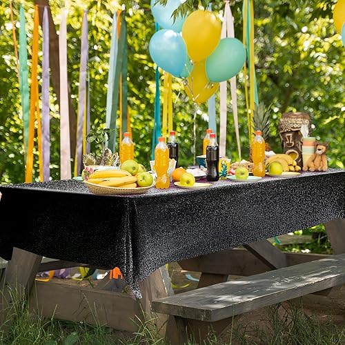 Miniatura 6 de 4 manteles holográficos negros con láser Galaxy Space de 40 x 108 pulgadas, cubierta de mesa de estrellas brillantes para Halloween, cumpleaños,