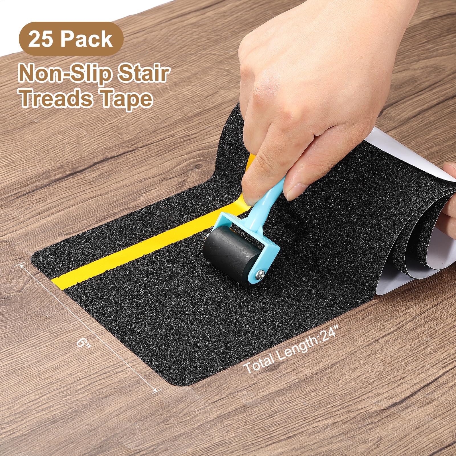 PATIKIL 15x61cm Cinta Antideslizante Para Escalones Negra, Paquete De 25 Tiras Autoadhesivas Antideslizantes Con Franja De 12mm Fosforescente Para Escalones De Madera