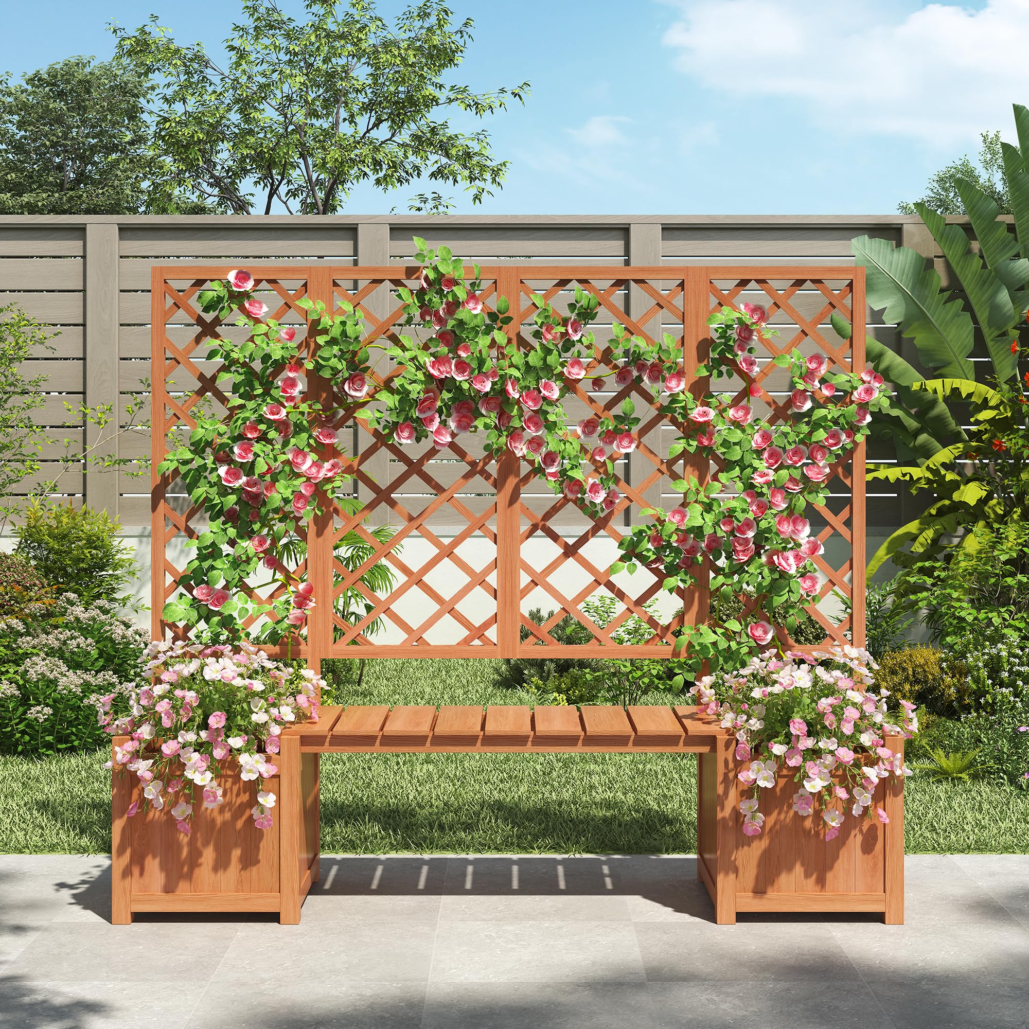 Pflanzkübel Pflanzgefäß mit Spalier als Rankhilfe Blumenkübel mit viel Platz Blumenkasten Pflanzenkasten Braun Massivholz Tanne Pflanzkübel mit Spalier und Sitz für Garten Hof Terrasse