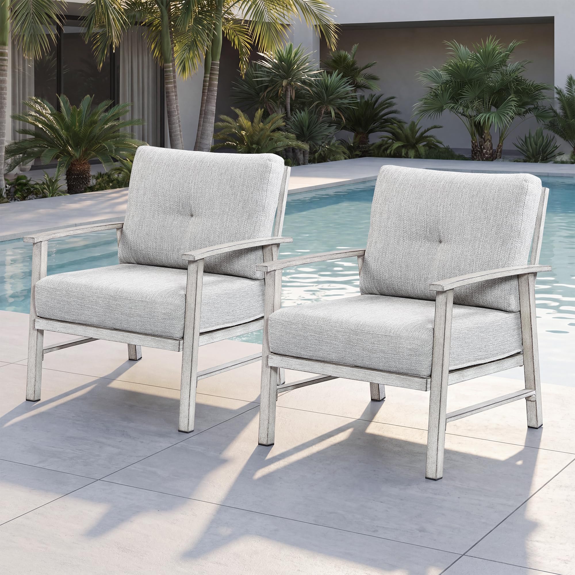 Outdoor Patio Chairs Set of 2, Outdoor Aluminum Armchair Conversation Set with Thick Cushions, 2 Pieces All Weather Patio Furniture Sofa Chairs Set for Garden, Poolside, Lawn, White Oak