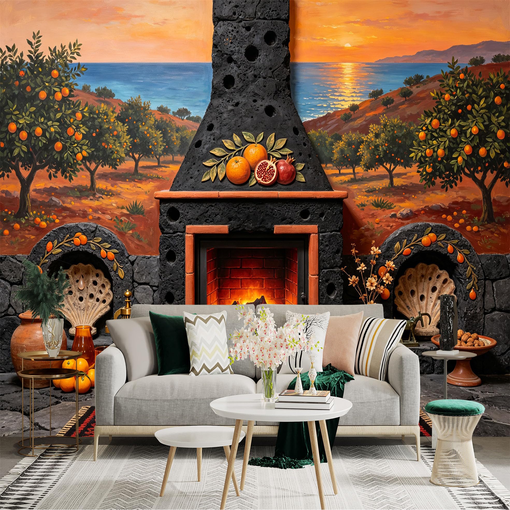 Lnzczhyre Bh260719413 Custom Size Wall Sticker Mural， Mediterranean Sunset Landscape， Orange Tree Orchard， Warm Fruit Garden Scene， For Wall Decoration， Peelandstick Wall Decals.
