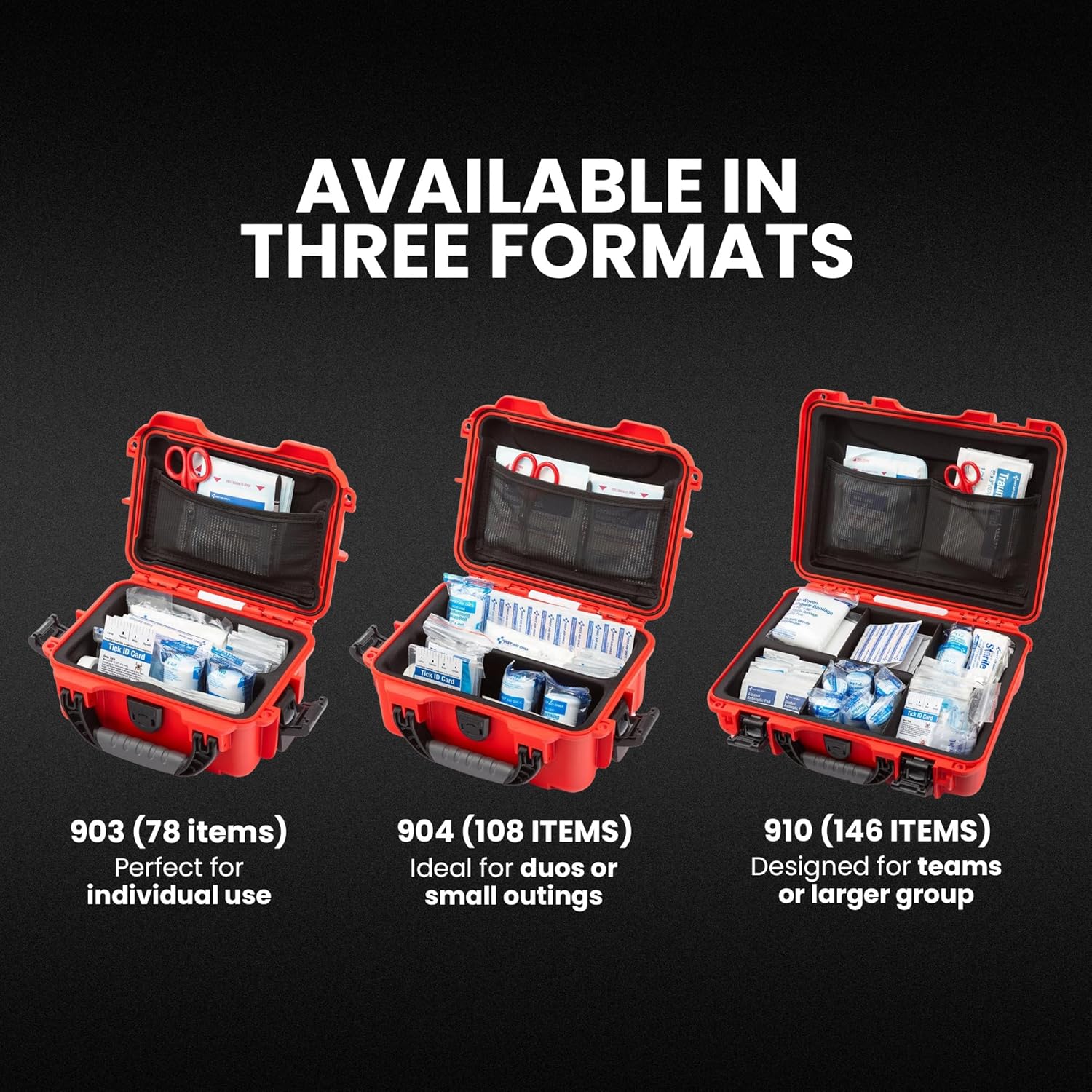 NANUK 903 - Small Waterproof First Aid Kit 78pcs – Pre-Stocked First Aid Emergency Kit with Bandages, Tick Removal Tool, and More – Dustproof, Impact-Resistant, Floats (7.4" x 4.9" x 3.1") – Red