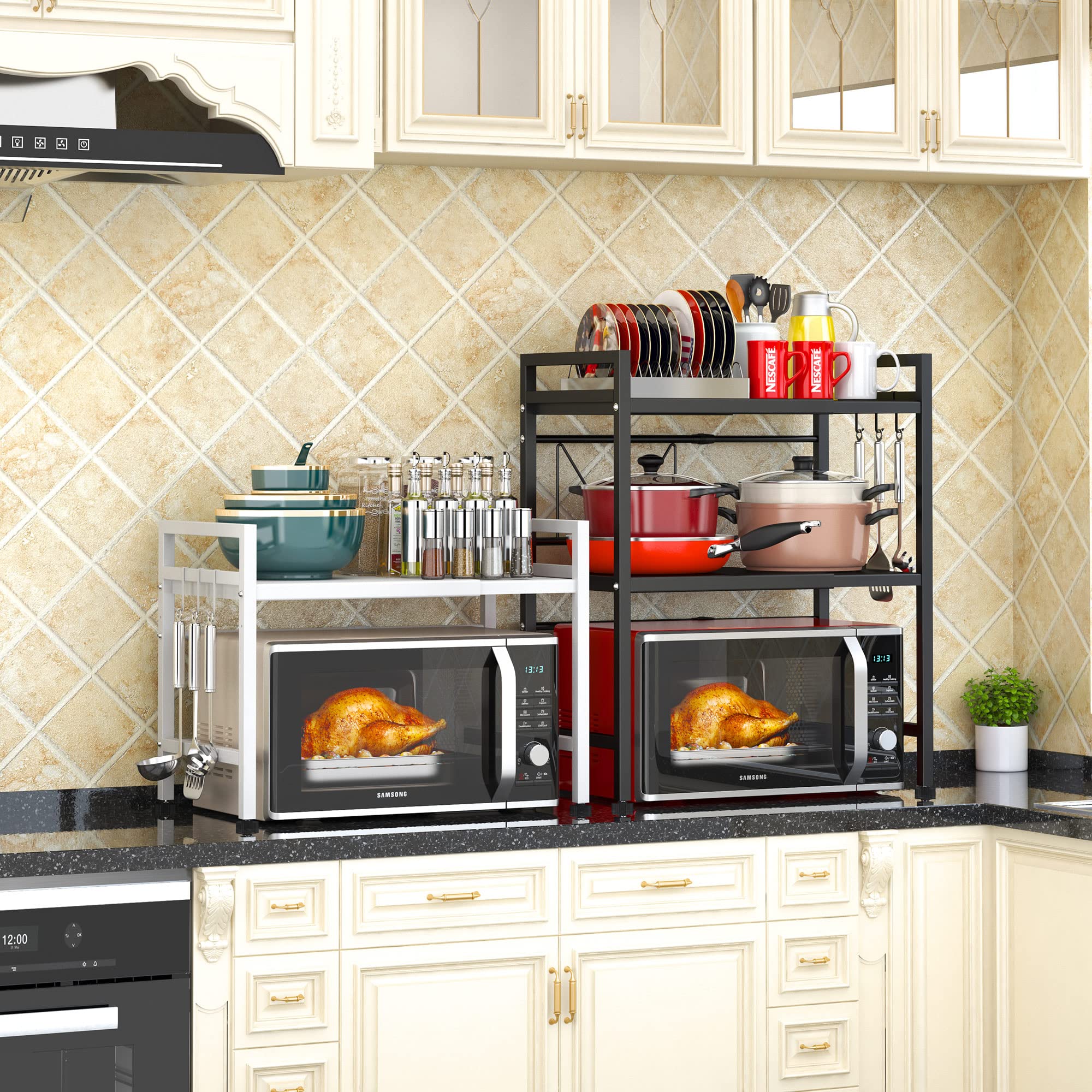 Soporte Ajustable Para Microondas UTINEX Con Estante, 6 Ganchos Y Portacuchillos - Organizador De Cocina Extensible (37-64 Cm)