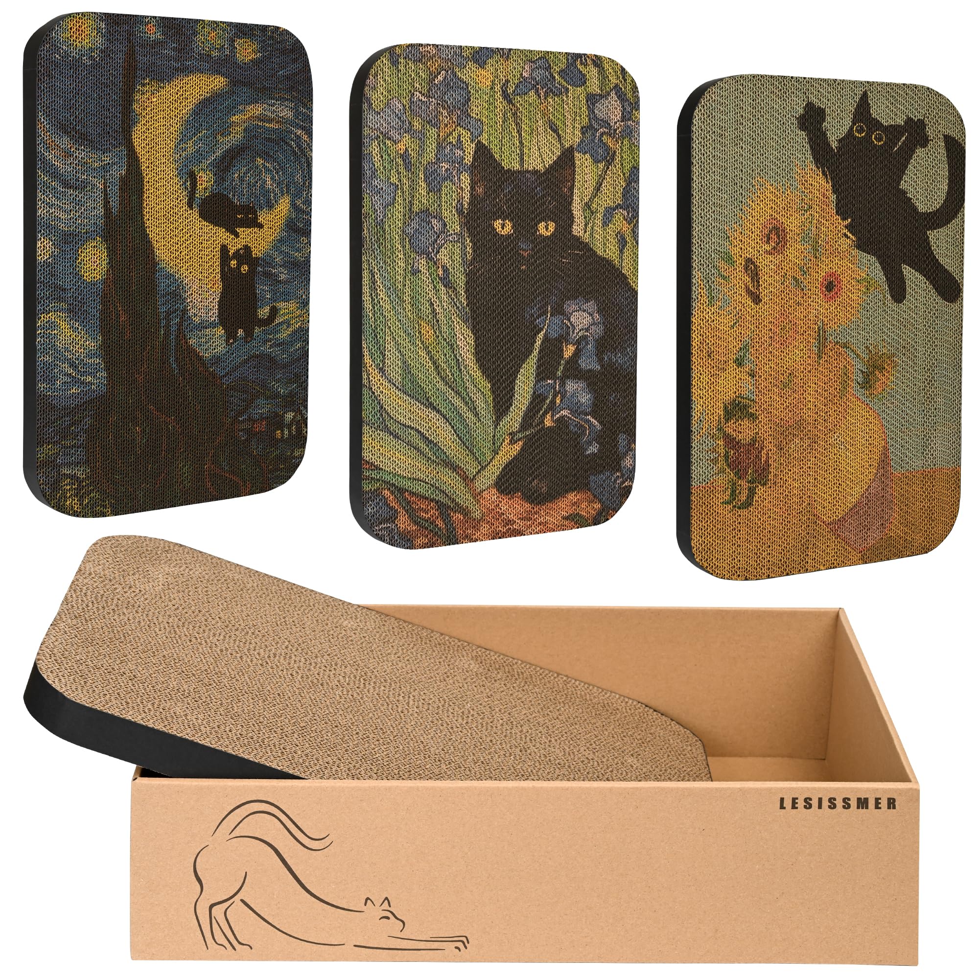Paquete de 4 tablas de rascar para gatos con caja, rascador para gatos, almohadilla de cartón para gatos de interior (Serie 1)