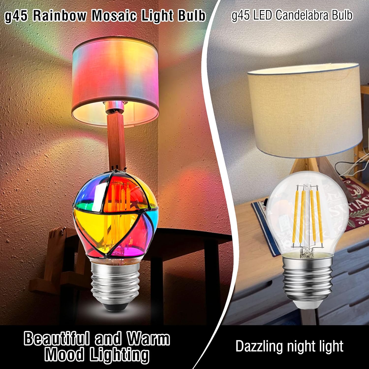 Stained Glass LED Light Bulb, G45 3W Colored Rainbow Mosaic Light Bulb 25W Equivalent, Colorful Night Light for Ambient Home Party, Recreation Room, Balcony, Christmas Decoration, Non-Dimmable, 2 Pack