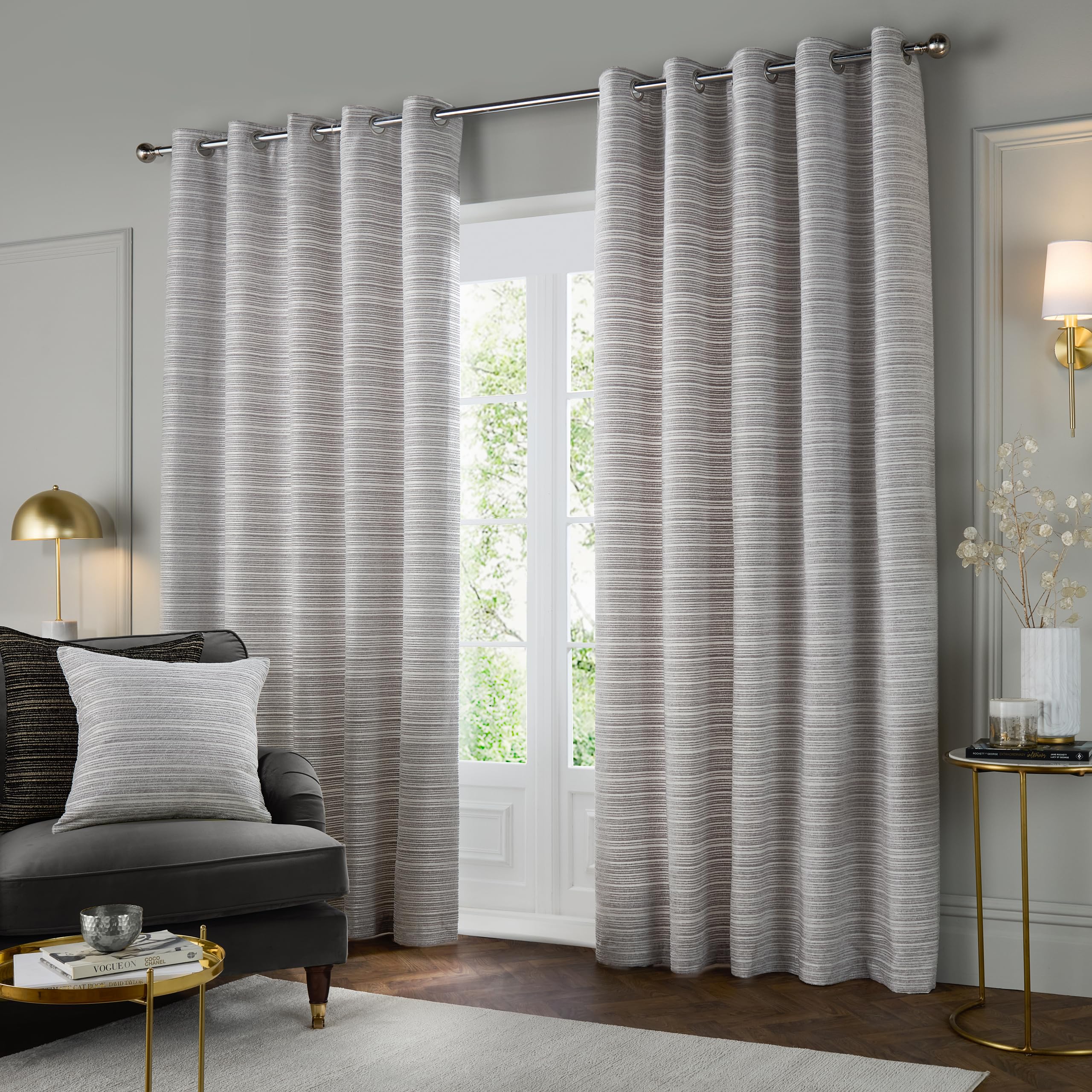 Paoletti Jupiter Room Darkening Eyelet Curtain Pair - Elegant Jacquard Chenille Lined Ring Top Drapes (Silver - 168x183cm) - Image 2
