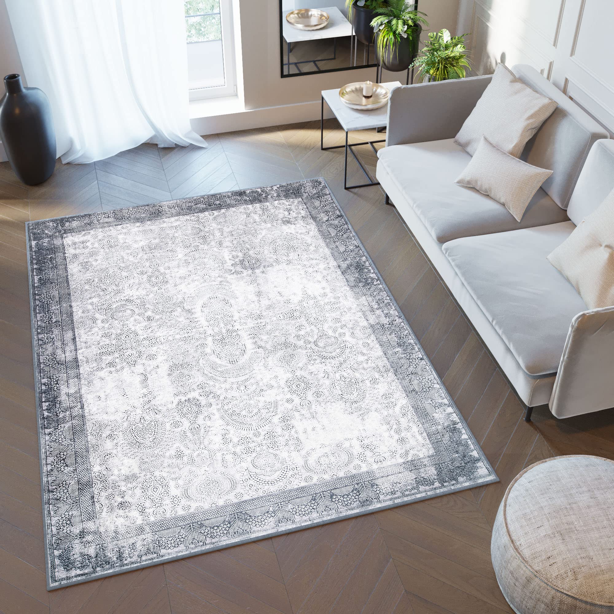 TAPISO Victoria Tappeto Antiscivolo Lavabile Pelo Corto per Soggiorno Camera da Letto Salotto Sala Design Moderno Orientale Astratto Ornamenti Grigio Sfumato 120 x 170 cm