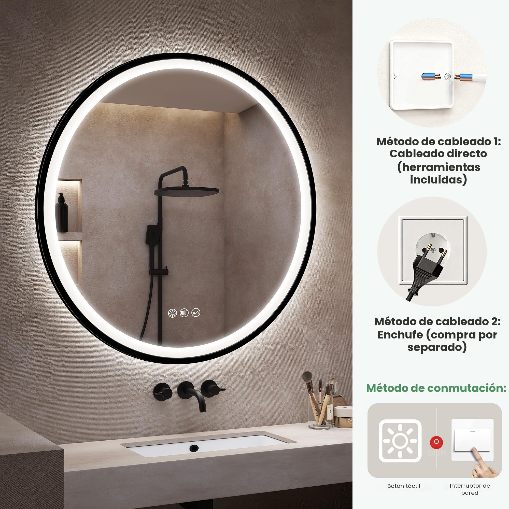 S'bagno Redondo-Espejo-Baño-con-Luz 80CM, Espejo-Baño-LED-con-Bluetooth, Antivaho, 3 Colores de Luces, Regulable, Memoria Luz, IP44, Vidrio Templado, Marco Hierro Negro
