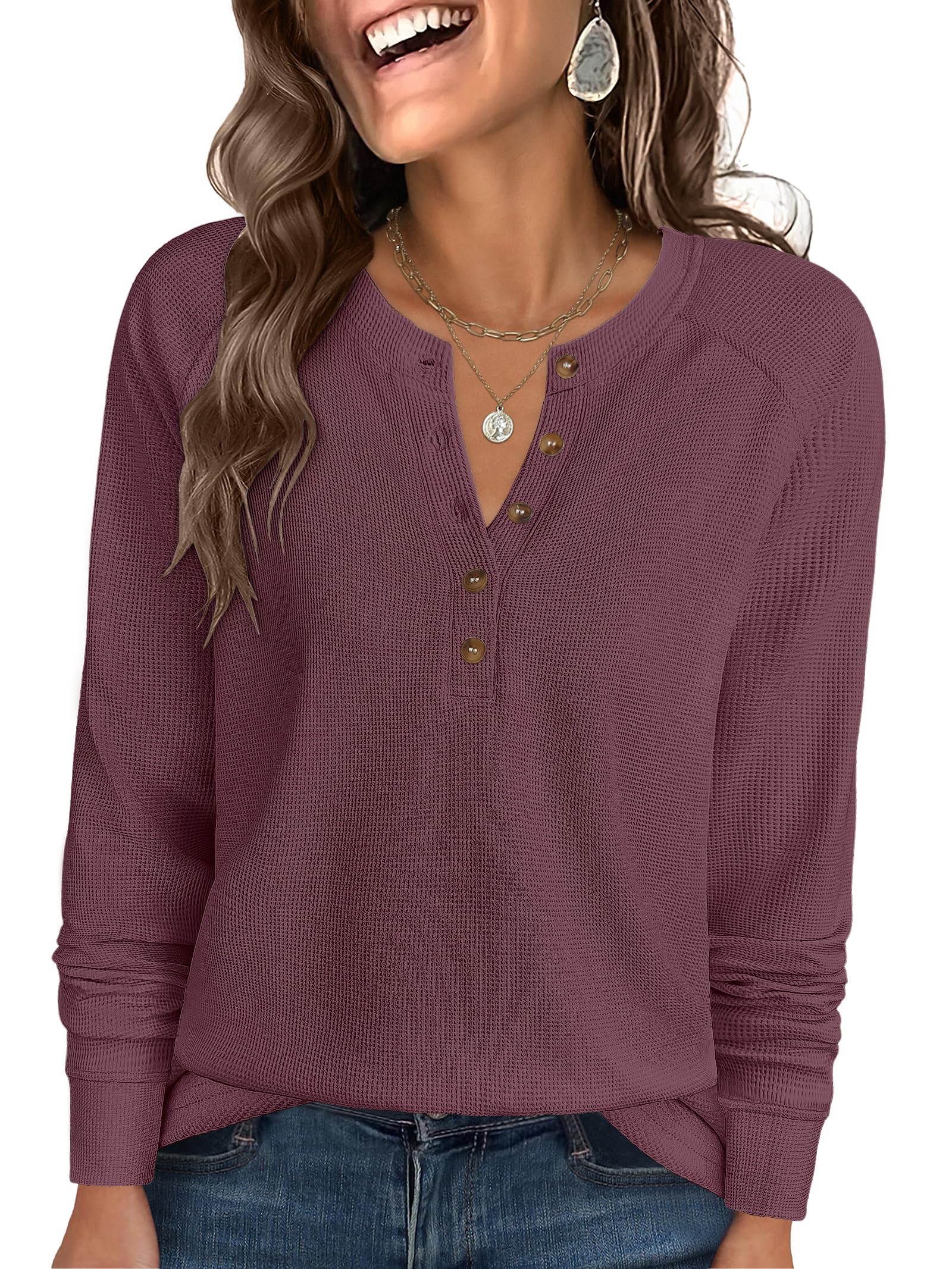 ANRABESS Women's Waffle Knit Henley Top Long Sleeve Shirts | 2026 Fall Outfits,Soft Loose Lightweight Sweater,Button Up V Neck T-Shirts,Dressy Casual