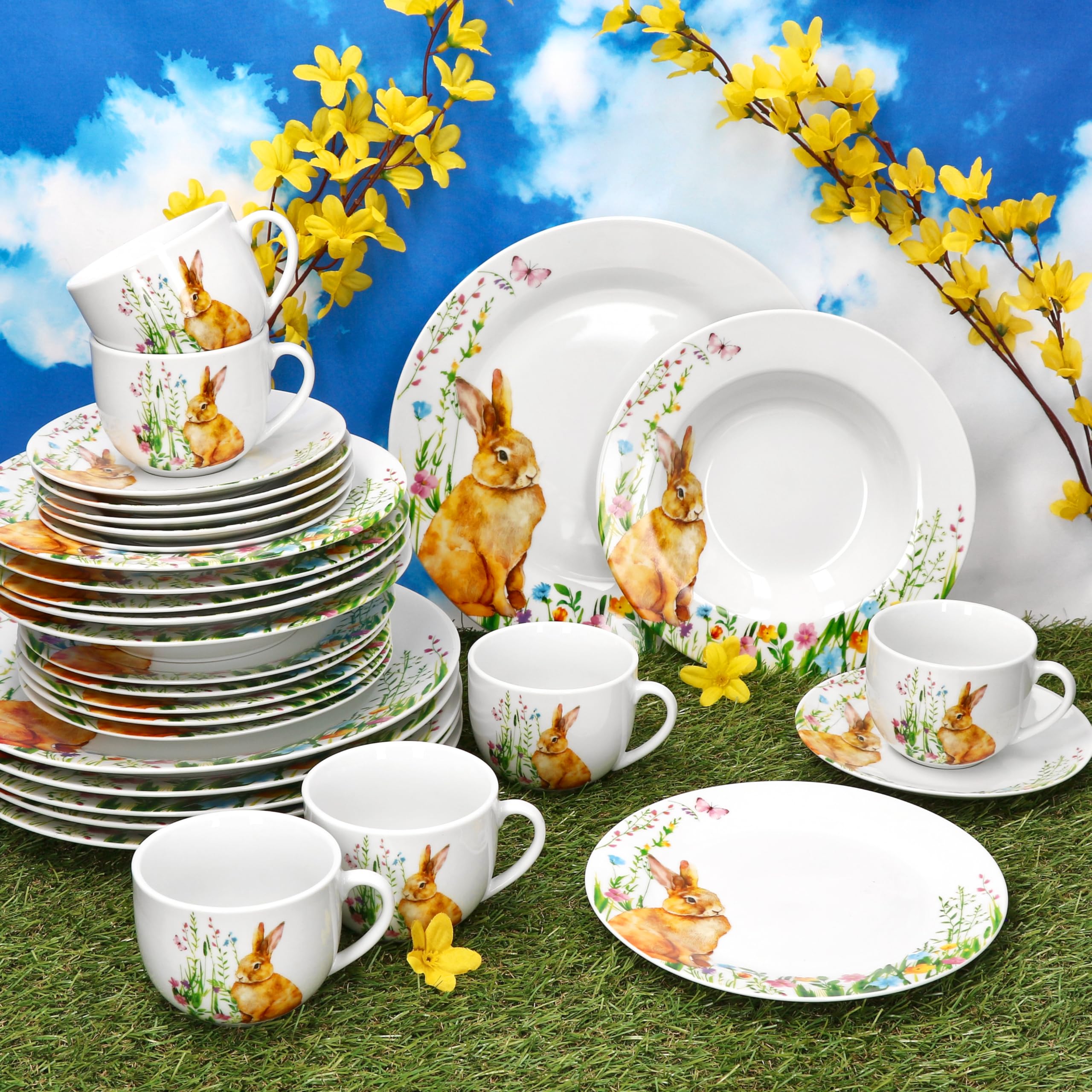 MamboCat 30tlg Kombiservice Osterfreude I frühlingshaftes Porzellan-Geschirrset mit Osterhasen-Dekor für 6 Personen I Je 6x Tassen, Untertassen, Kuchenteller, Suppenteller & Speiseteller