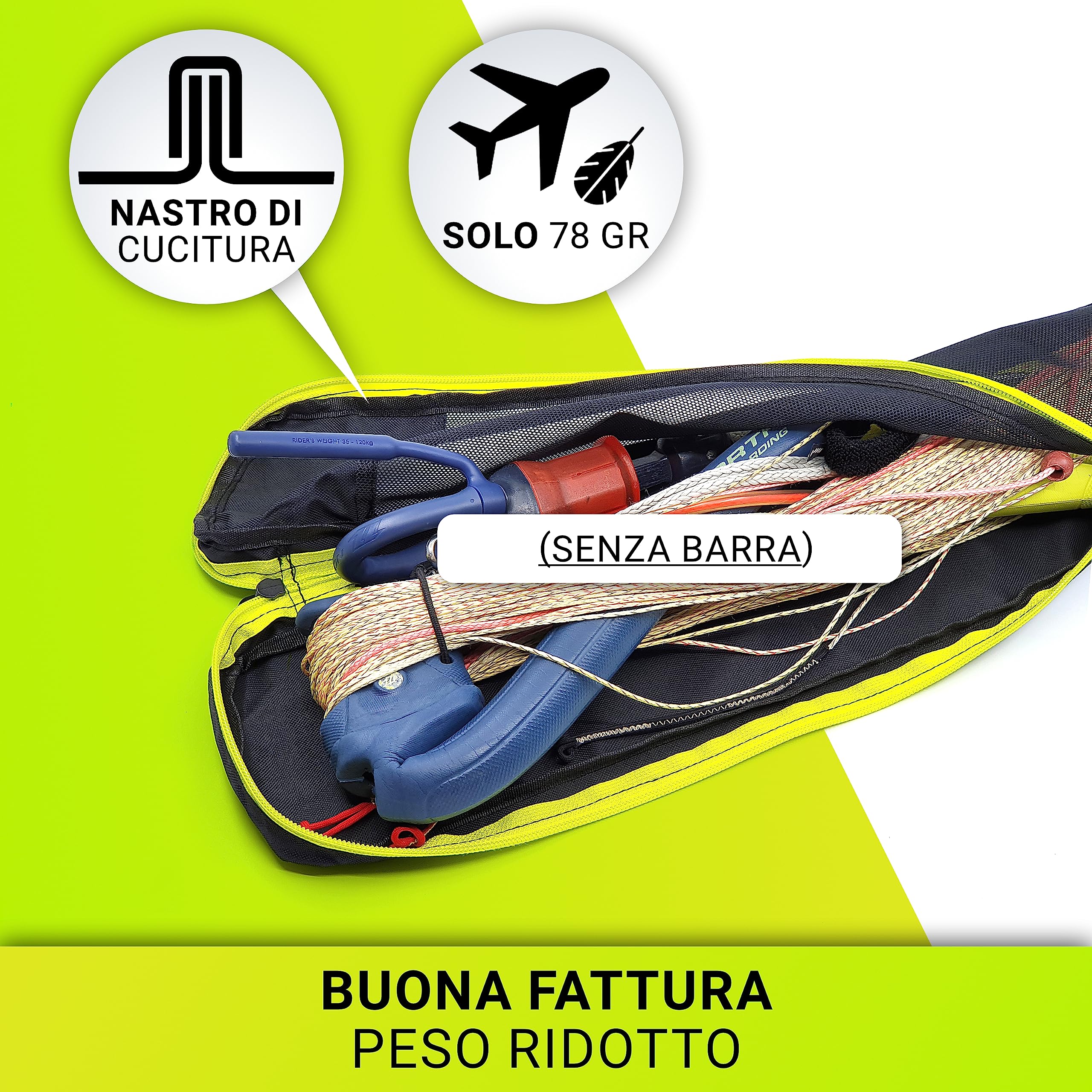 Borsa di protezione per barra kitesurf, con cerniera su entrambi i lati e inserto in rete traspirante, pratica maniglia a fettuccia e passante per appenderla. Kite control bar bag, 60x12x4,5cm