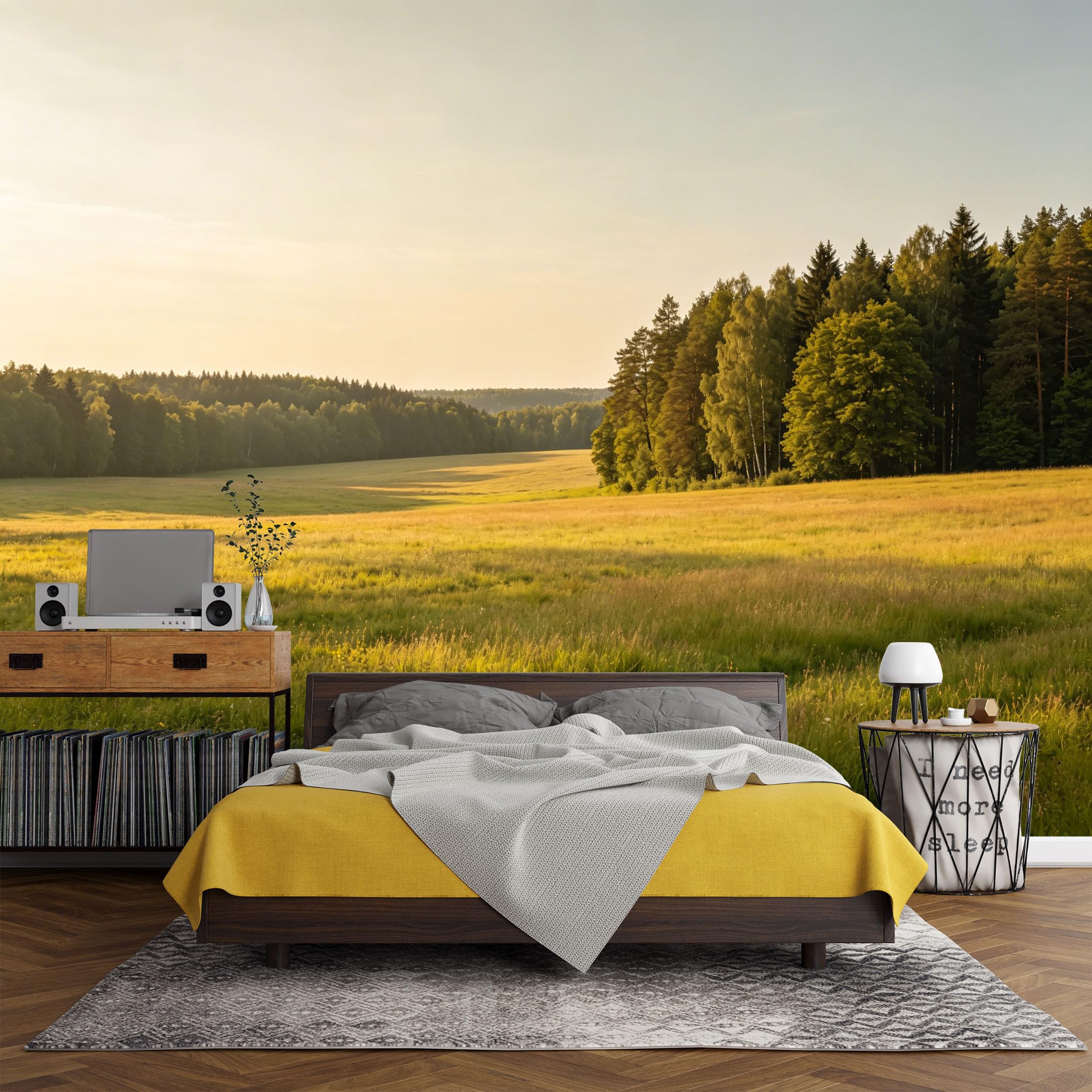 Custom Size Wall Mural， Landscape Golden Meadow Forest Sunset Horizon，SelfAdhesive Art Prints wall Fabric (No PVC) Removable Wallpaper Living Room Decor