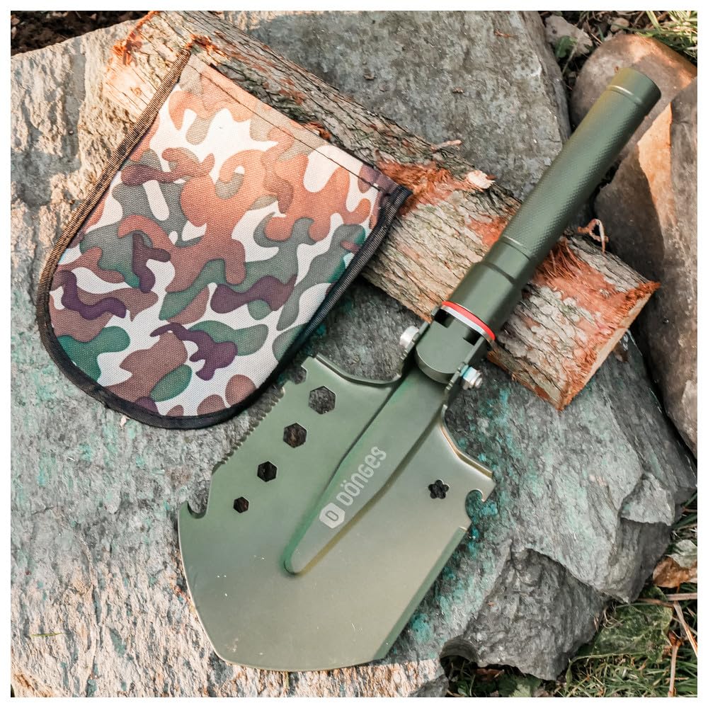 Dönges Multifunktionaler Klappspaten inkl. 3 Längen | Kombi Schaufel aus rostfreien Edelstahl | olivgrüne Klappschaufel für Survival, Wandern, Camping | Survival Ausrüstung mit camouflage Tragetasche