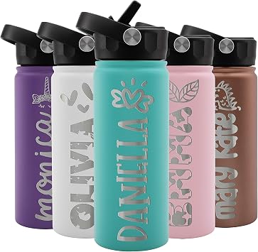 Personalized Kids Water Bottle w Name & 36 ICON Free Engraving! Custom Toddler Water Bottle for Children | 18 oz - 9 Color | BPA Free - Double Wall Insulated