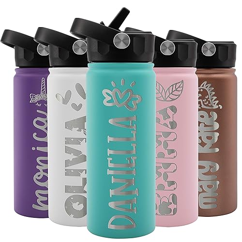 Personalized Kids Water Bottle w NAME & 36 ICON FREE ENGRAVING! Custom Toddler Water Bottle for Children | 18 oz - 9 Color | BPA Free - Double Wall