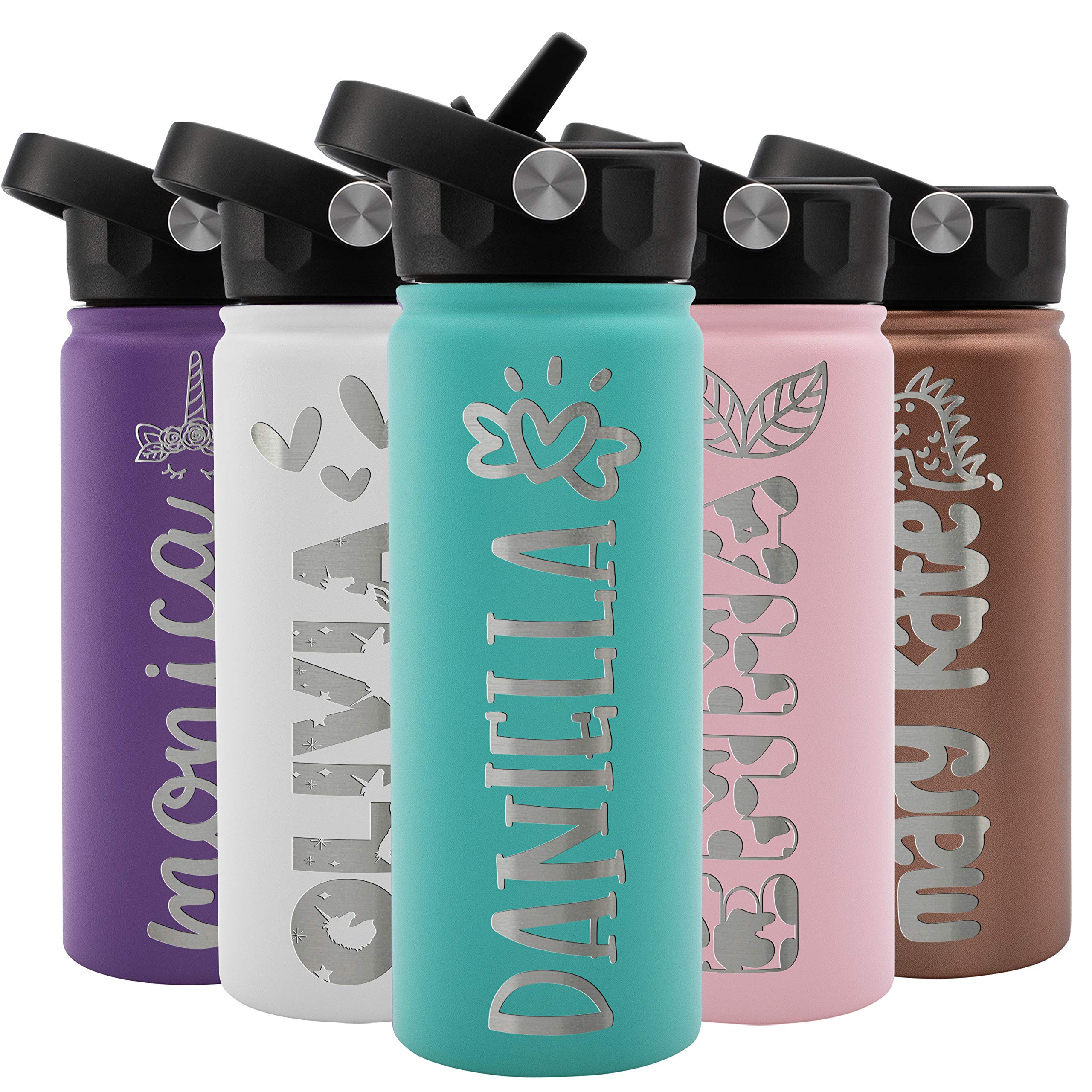 Personalized Kids Water Bottle w NAME & 36 ICON FREE ENGRAVING! Custom Toddler Water Bottle for Children | 18 oz - 9 Color | BPA Free - Double Wall Insulated
