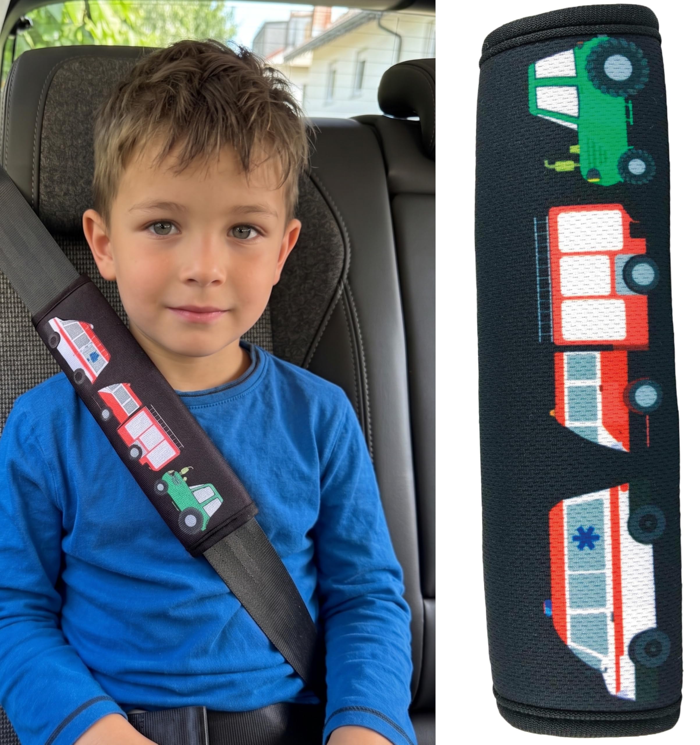 HECKBO 1x Kinder Auto Gurtpolster Gurtschutz mit Feuerwehr Traktor Krankenwagen Motiv