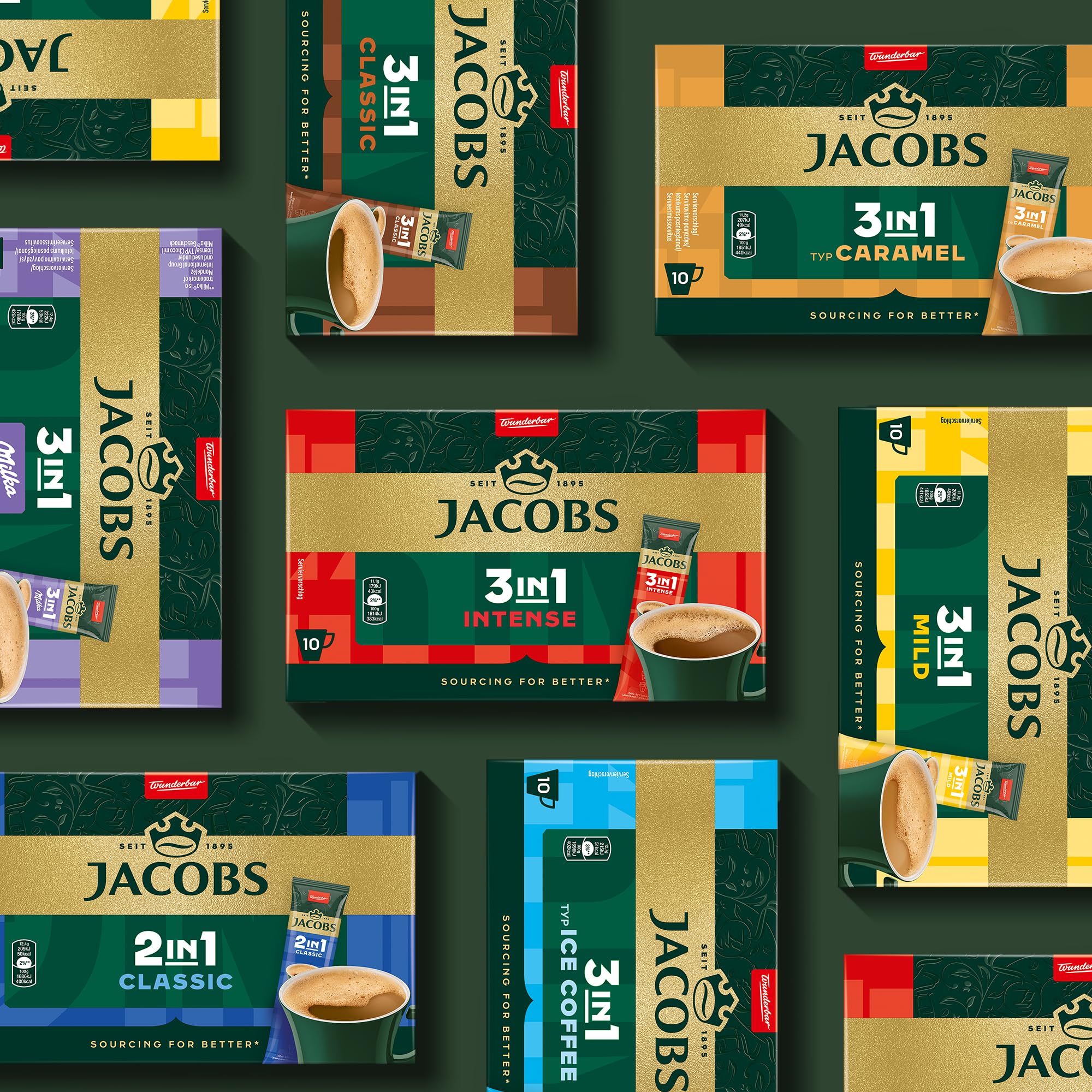 Jacobs 3in1 Intense, Instant Kaffee Sticks, löslicher Bohnenkaffee mit Creamer und Zucker, 12 x 10 Sticks, 120 Getränke
