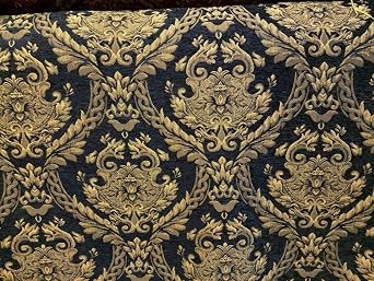 Chenille Baroque Upholstery, Damask Tapestry Chenille Fabric - Upholstery Fabric, Black/Gold 58" Width - Sold by The Yard.