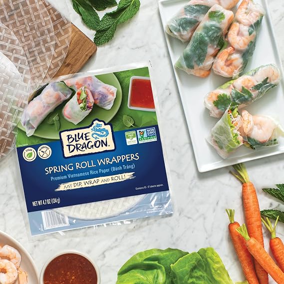 Blue Dragon Rice Paper Spring Roll Wrappers 4.7oz (Pack of 1) - Vietnamese Rice Paper Sheets - No Added Colors, Flavors Or Preservatives - Vegan, Gluten Free, Non-GMO