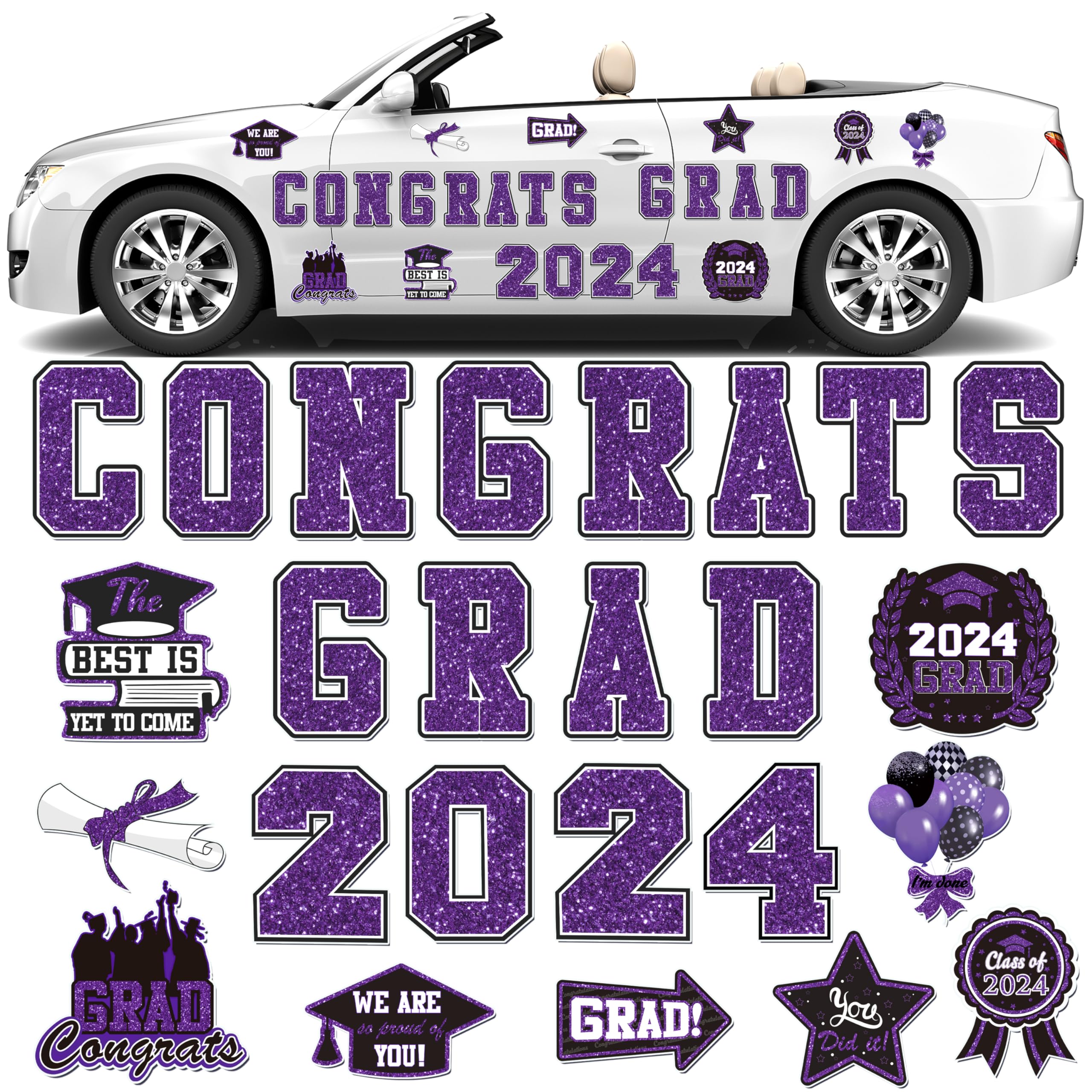 WHYMEO 2024 Graduation Car Magnet Decoration 25Pcs, Magnetic Congrats Grad 2024 Refrigerator Garage Door Stickers, Class of 2024 Graduation Car Magnet Decal for Parade Decor Graduation Party Supplies