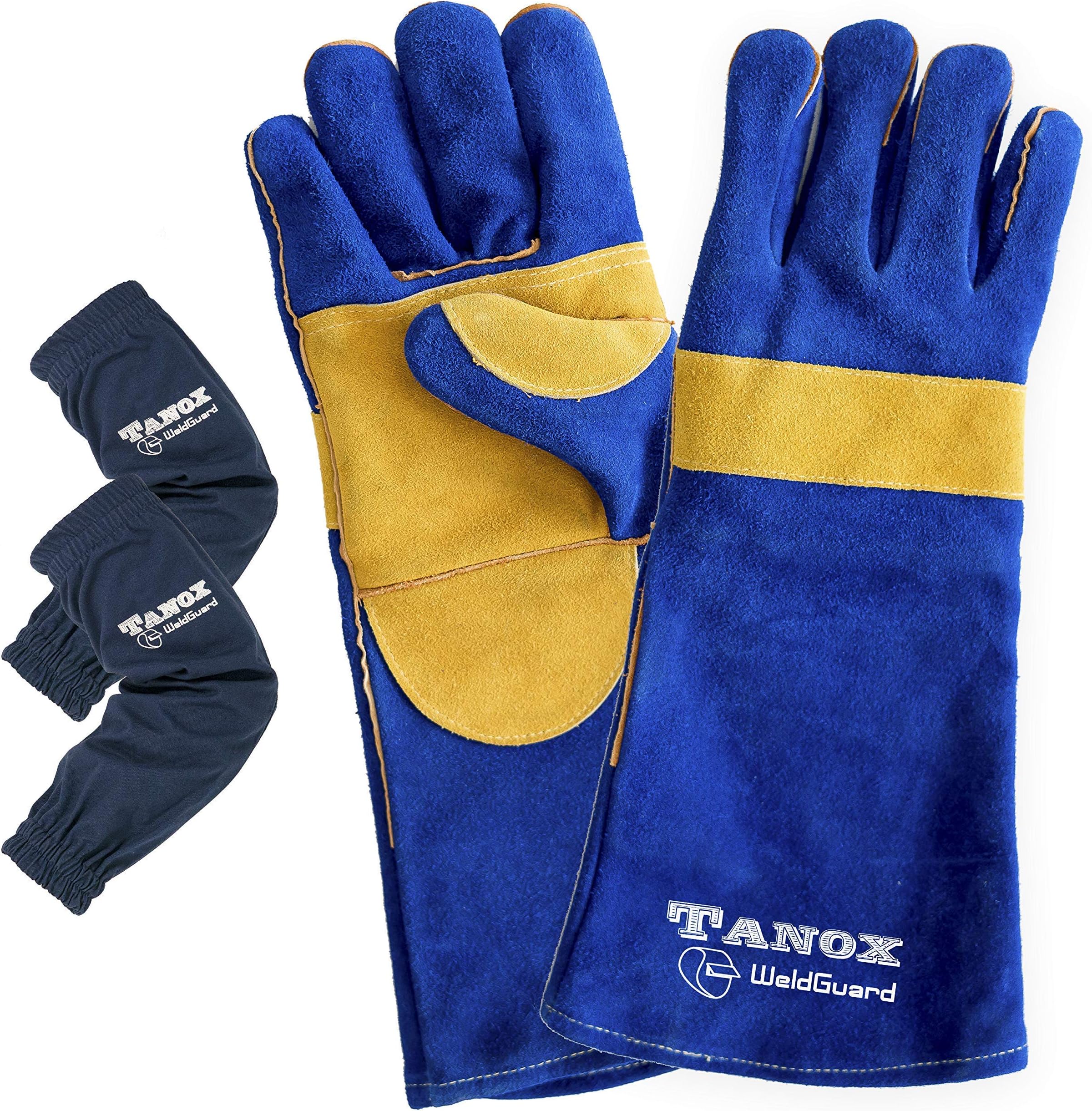 Leather Forge Welding Gloves - Extreme Heat and Fire Resistant Reinforced Versatile Gloves with Protective Cotton Armwear with Elastic Cuffs,bonus pair of welding sleeves