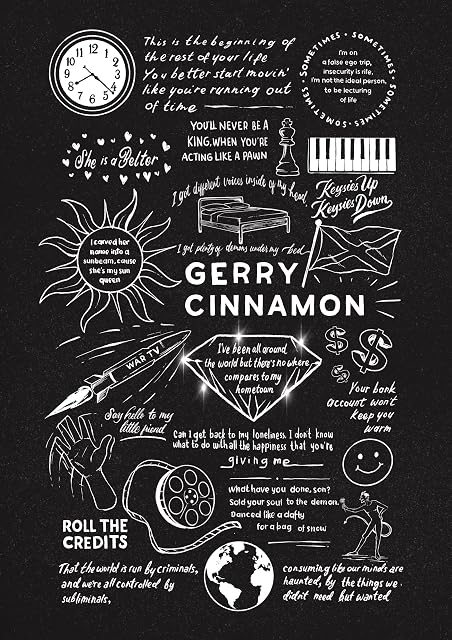 Gerry Cinnamon Doodle Lyric Poster - Gerry Cinnamon Print Gifts - Gerry Cinnamon Artwork Gift for Gerry Cinnamon Lover Music Poster (Black Chalkboard, A4 Unframed)