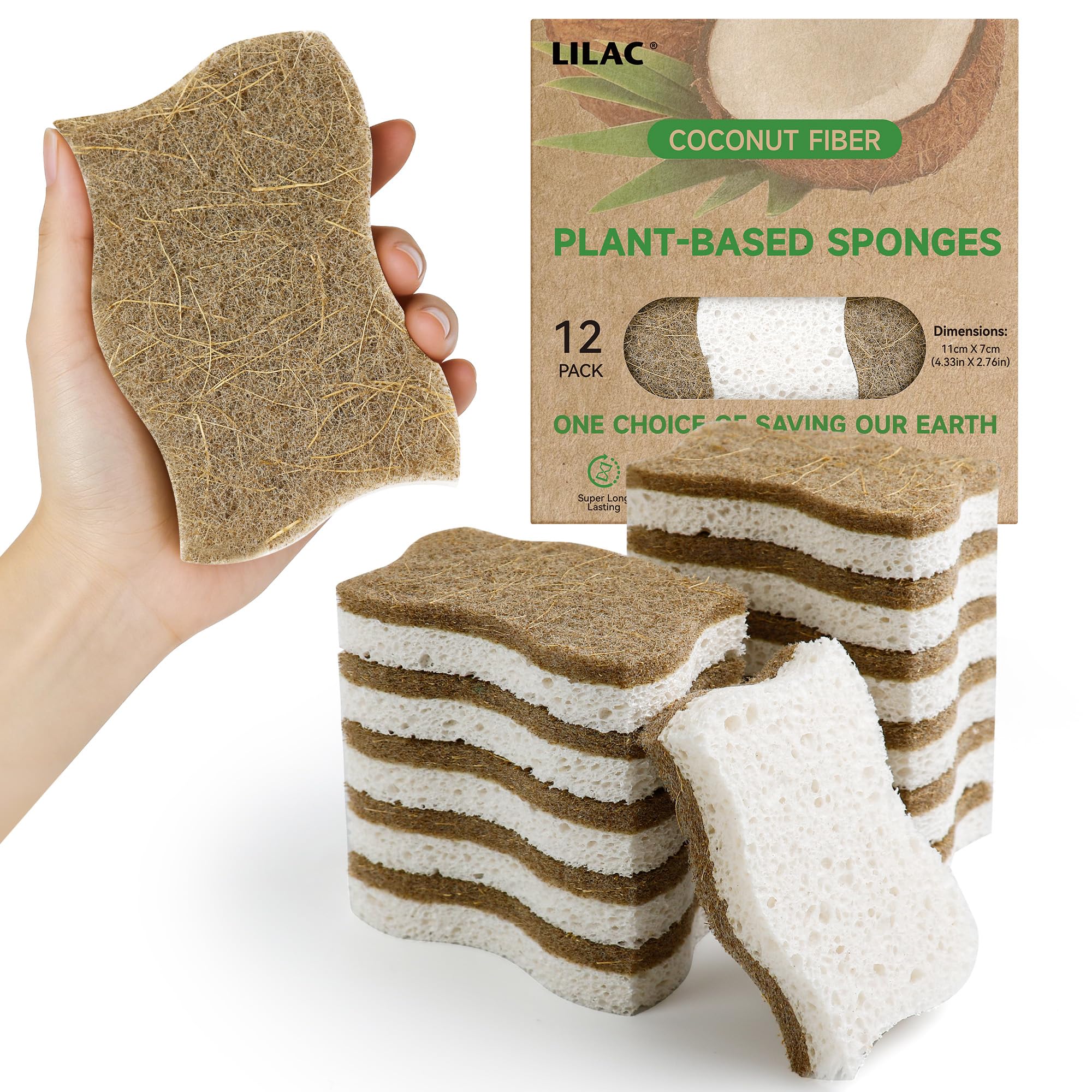 LILAC - 12 Pack Natural Cellulose Dish Sponges, Anti-Scratch Kitchen Sponges, 100% Biodegradable and Eco-Friendly Cleaning Sponges for Nonstick Cookware, Bathroom and