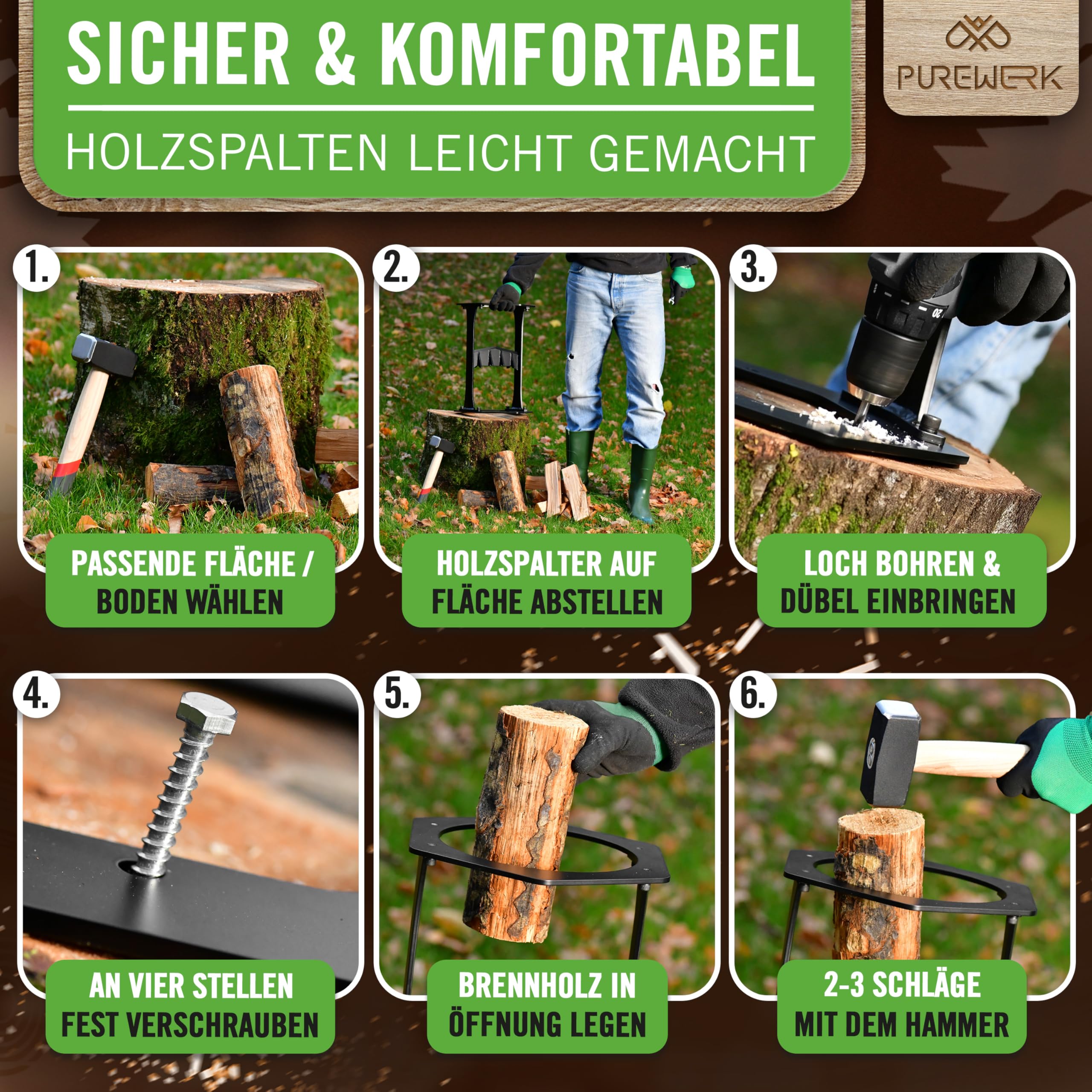 Holzspalter manuell [Ø 22 cm] - robuster Holz-Spalter für Anzündholz aus Kohlenstoffstahl mit extra-großem Durchmesser - inkl. Klingenschutz, Tasche & Zubehör zur Boden-Montage