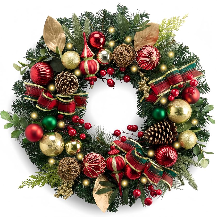 Amazon.com: Valery Madelyn 24'' Pre-Lit Christmas Wreath for Front Amazon.com: Valery Madelyn 24'' Pre-Lit Christmas Wreath for Front