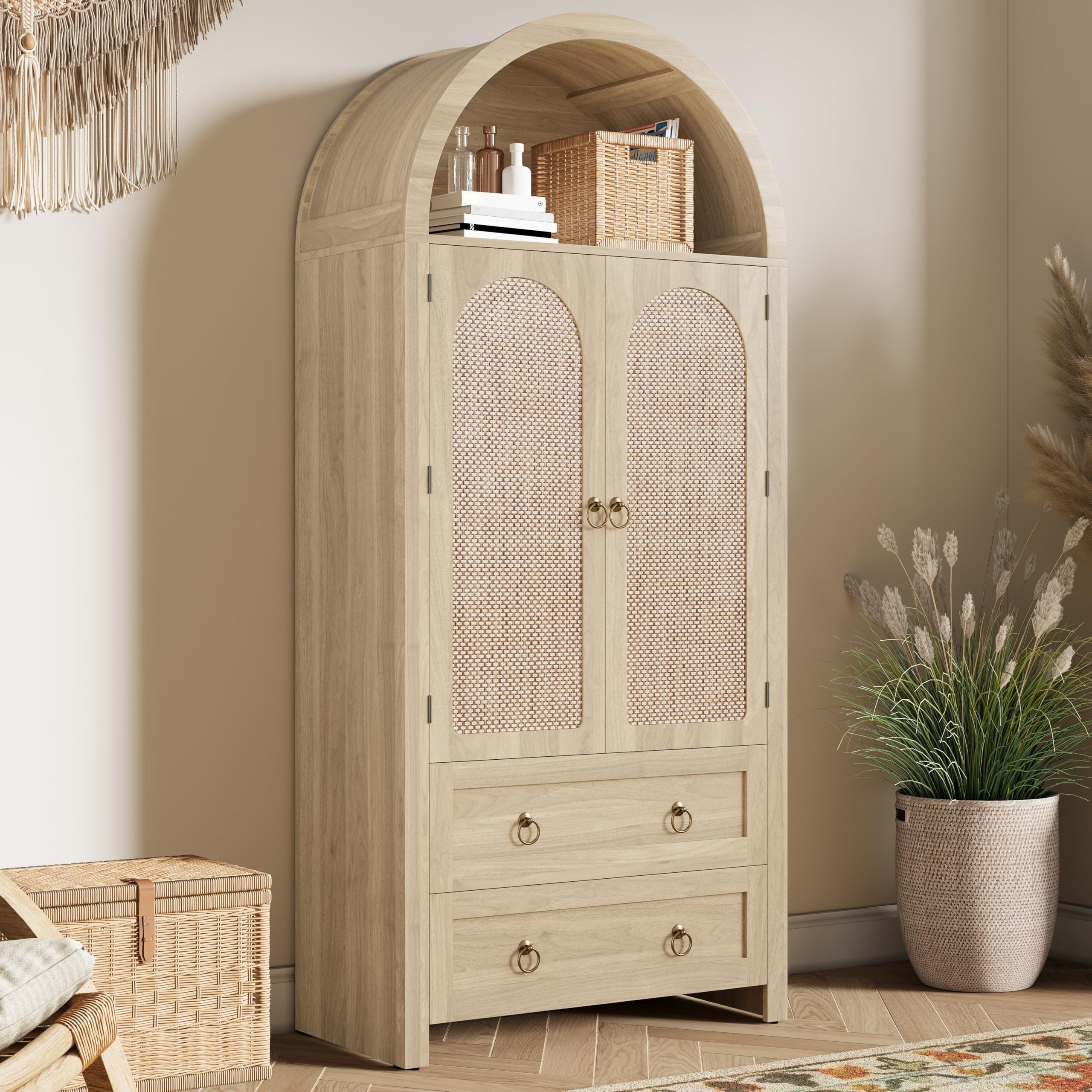 Zepneiy Buffet Salon et Chambre avec 2 Tiroir, Meuble de Rangement avec 2 Portes, Buffet Bois en Rotin Vintage, Étagères Réglables, Chêne