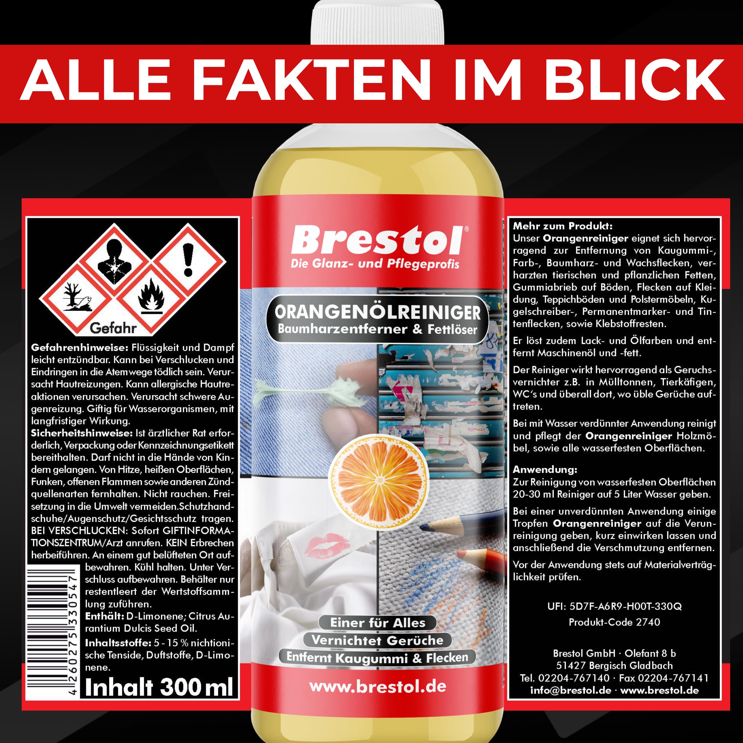 Brestol® Detergente universale per arancia, 4 confezioni da 300 ml, detergente universale per grasso, gomma da masticare, rimozione di resine, neutralizzatore di odori, detergente per olio d'arancio