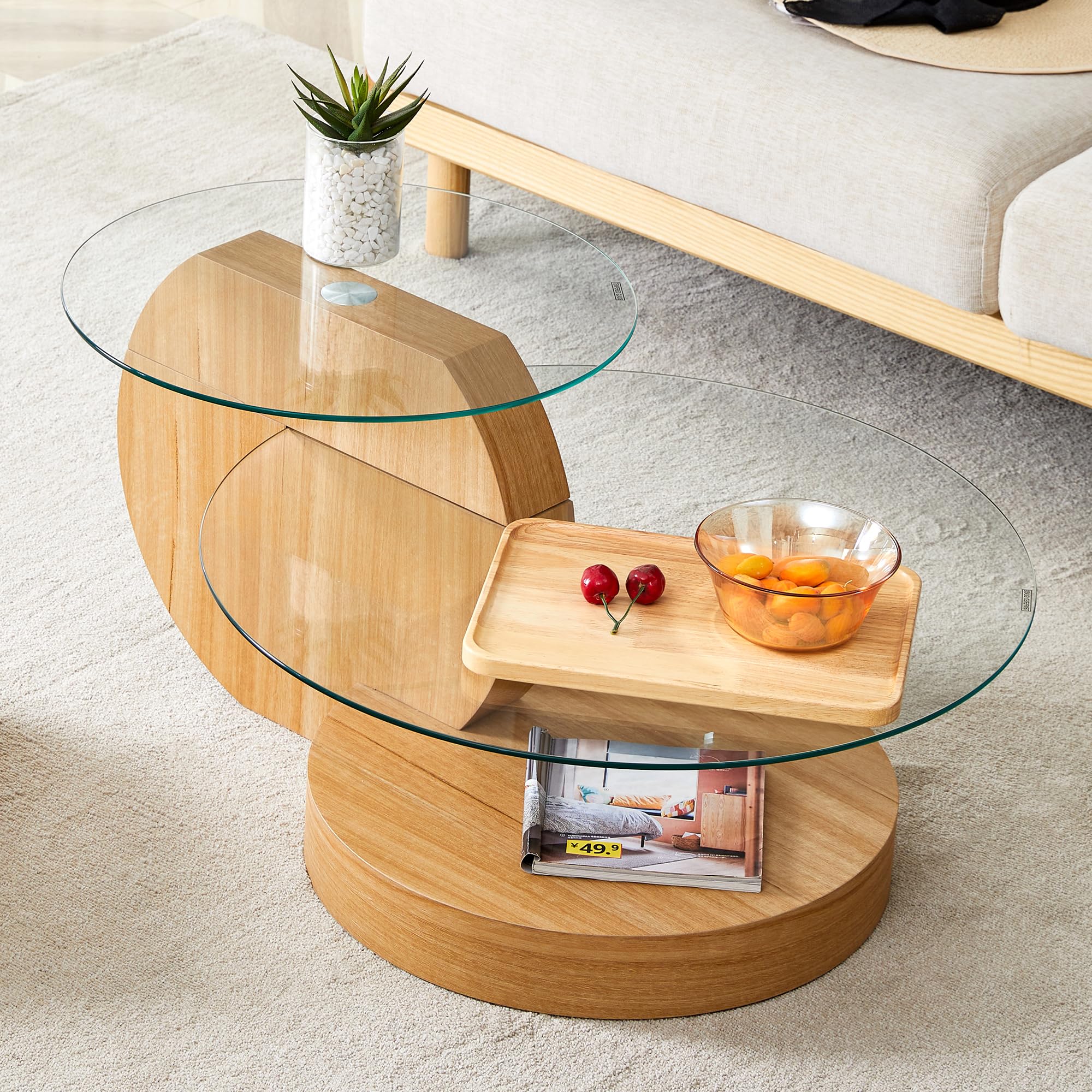 35.4" Glass Coffee Table, Small Round Coffee Table, 2-Tier Tempered Glass Tabletop with Wooden Base, Modern Center Table for Living Room, Home,