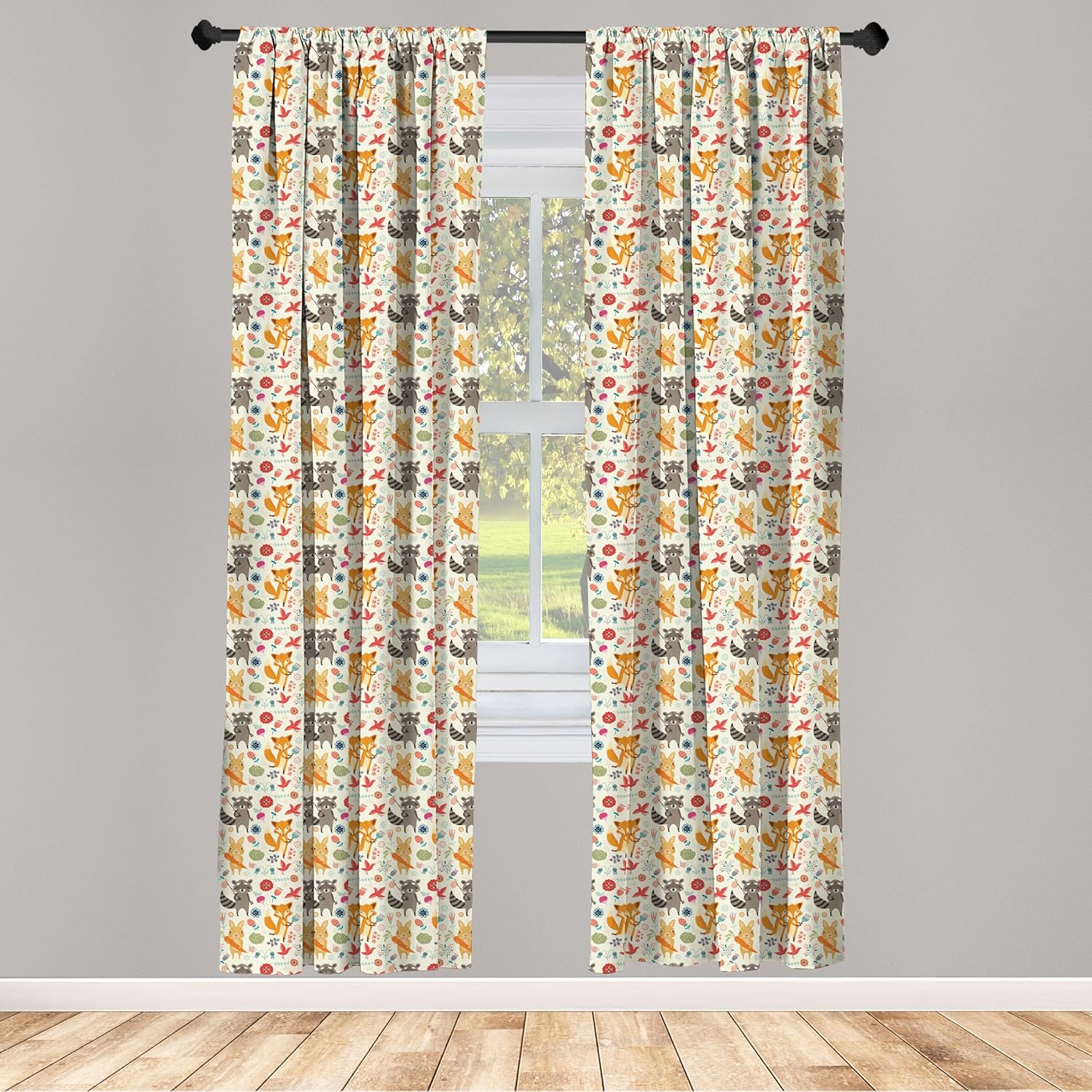 Ambesonne Cartoon Animal Curtains, Pattern with Raccoon Rabbit and Fox Colorful Fantasy Nature Forest Life, Window Treatments 2 Panel Set for Living Room Bedroom, Pair of - 28" x 95", Marigold Grey
