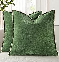 decorUhome Chenille Throw Pillow Covers 18x18 Set of 2 - Soft Cozy Farmhouse Boho Forest Green Cases with Stitched Edges for Couch Sofa Bed Decor