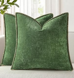decorUhome Chenille Throw Pillow Covers 18x18 Set of 2 - Soft Cozy Farmhouse Boho Forest Green Cases with Stitched Edges for Couch Sofa Bed Decor