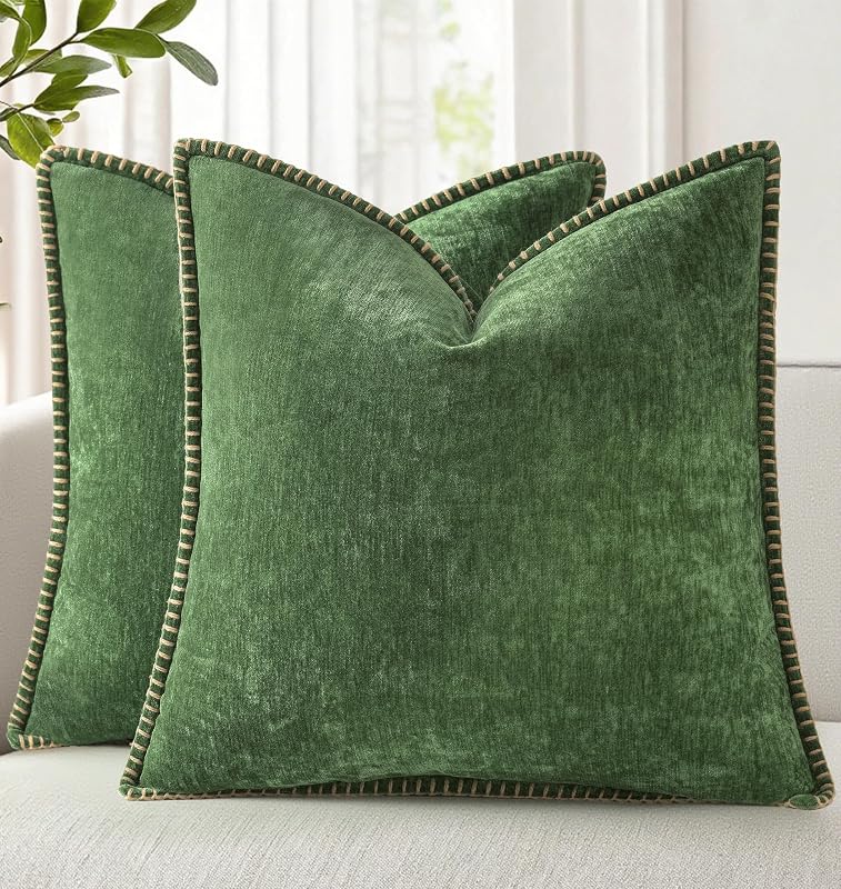 decorUhome Juego de 2 fundas de almohada de chenilla suave, 18 x 18, color verde bosque | Fundas de almohada decorativas con textura de otoño, borde cosido, granja moderna, terciopelo bohemio de lujo para sofá, cama, decoración del hogar