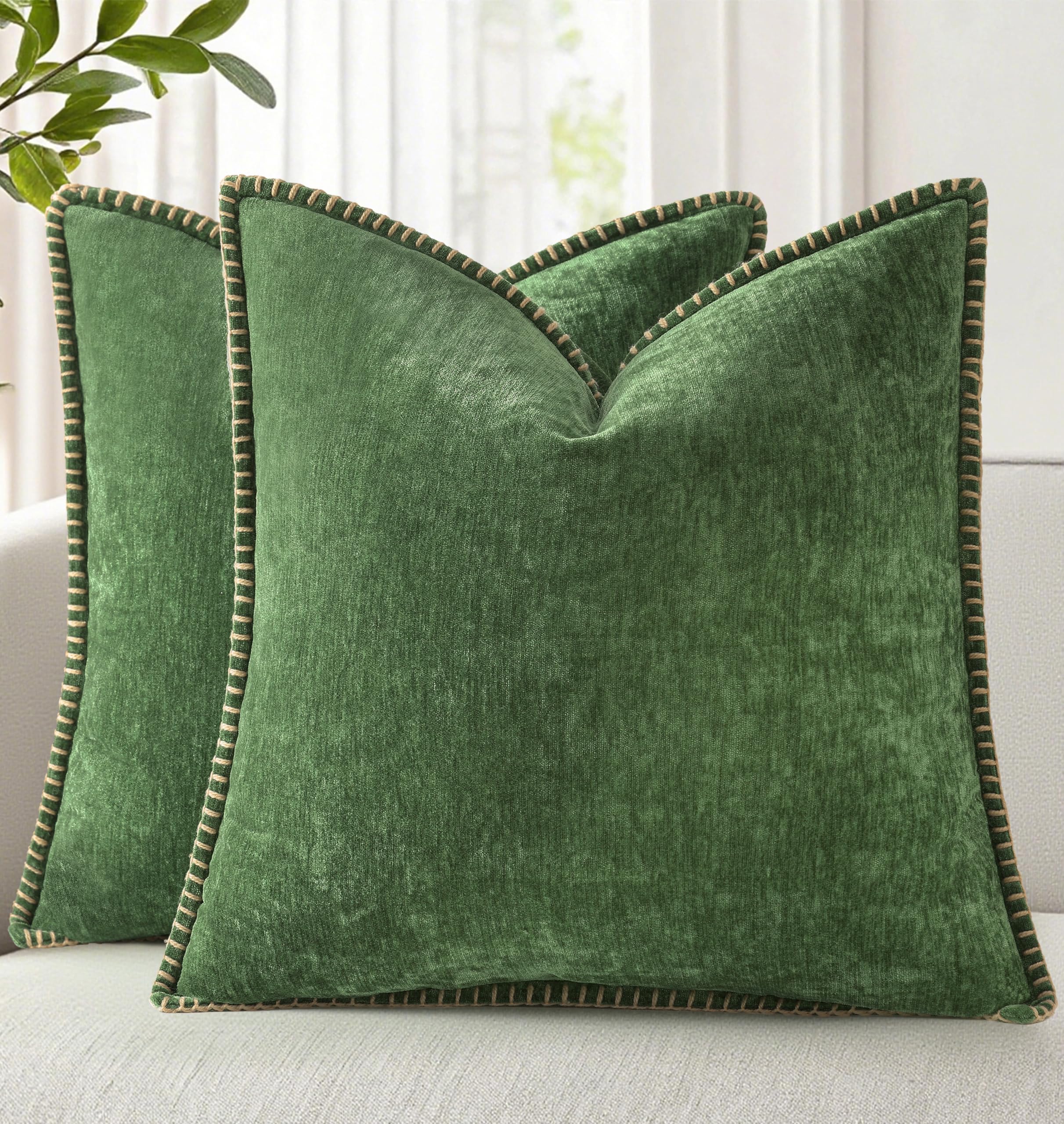 decorUhome Spring Chenille Soft Throw Pillow Covers 18x18 Set of 2, Farmhouse Velvet Neutral Decorative Pillow Covers with Stitched Edge for Couch Sofa Bed Home Decor, Forest Elf